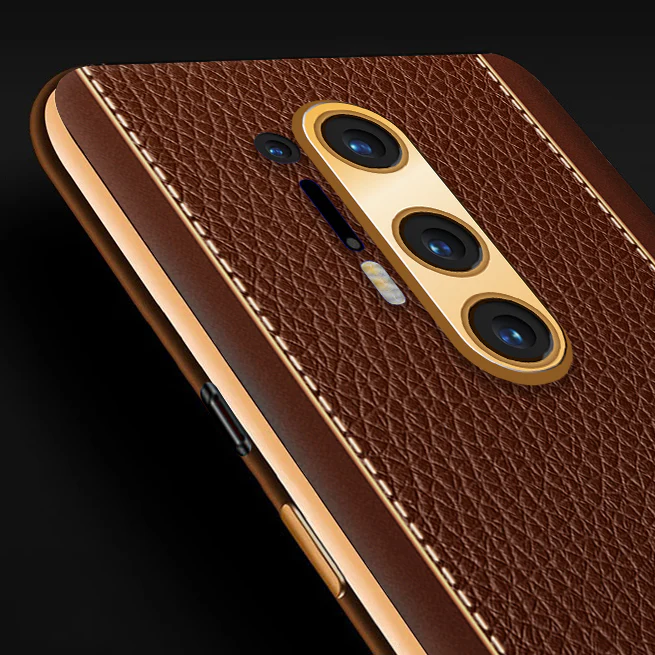 Vaku® OnePlus 8 Pro Luxemberg Series Leather Stitched Gold Electroplated Soft TPU Back Cover - Image 2