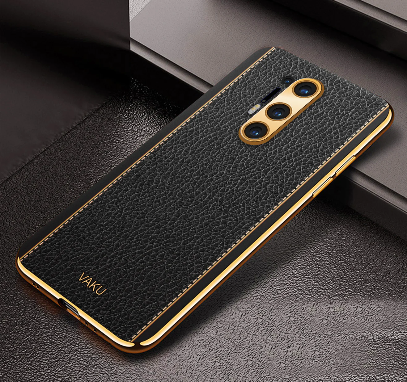 Vaku® OnePlus 8 Pro Luxemberg Series Leather Stitched Gold Electroplated Soft TPU Back Cover - Image 3