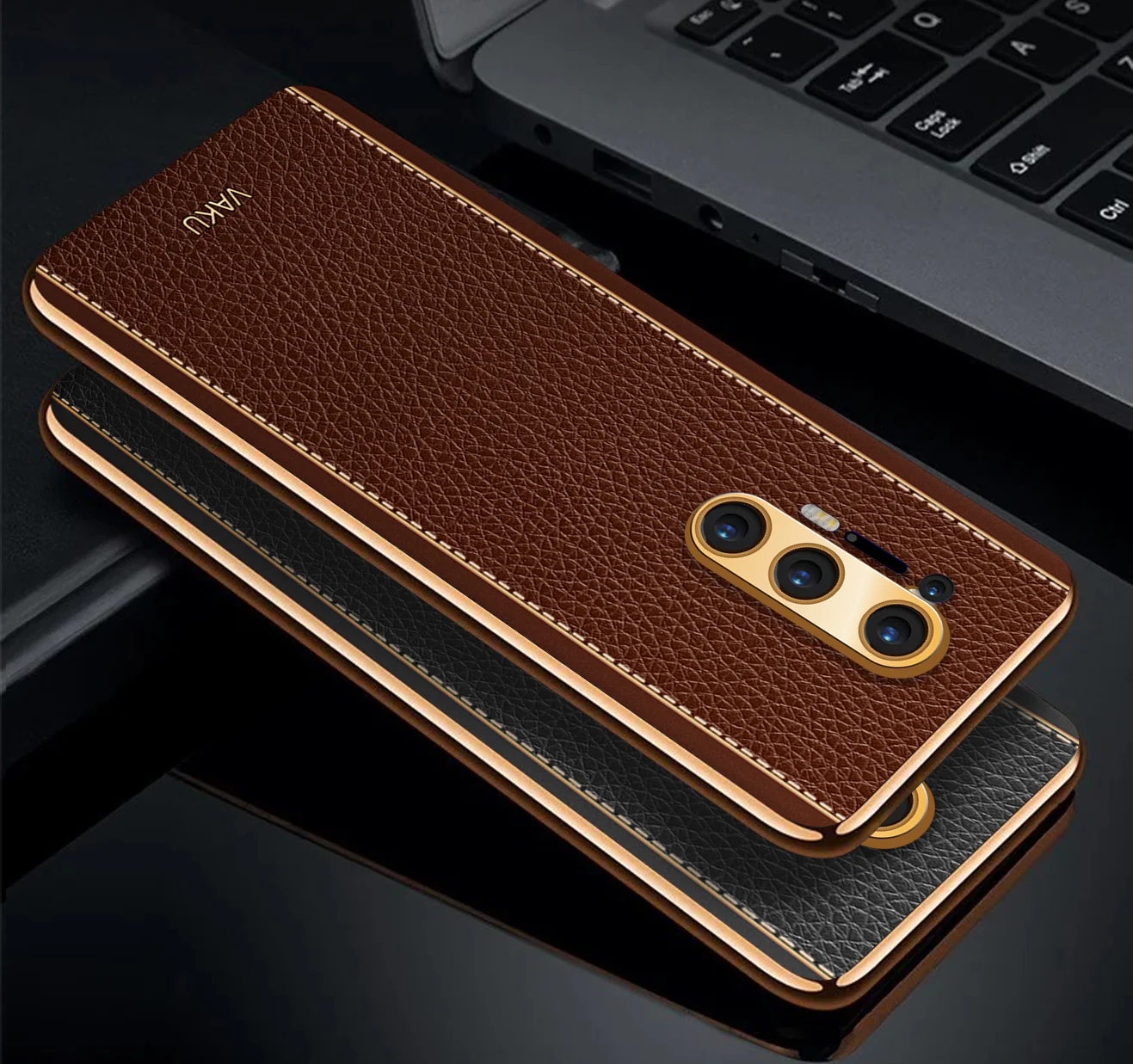 Vaku® OnePlus 8 Pro Luxemberg Series Leather Stitched Gold Electroplated Soft TPU Back Cover - Image 4