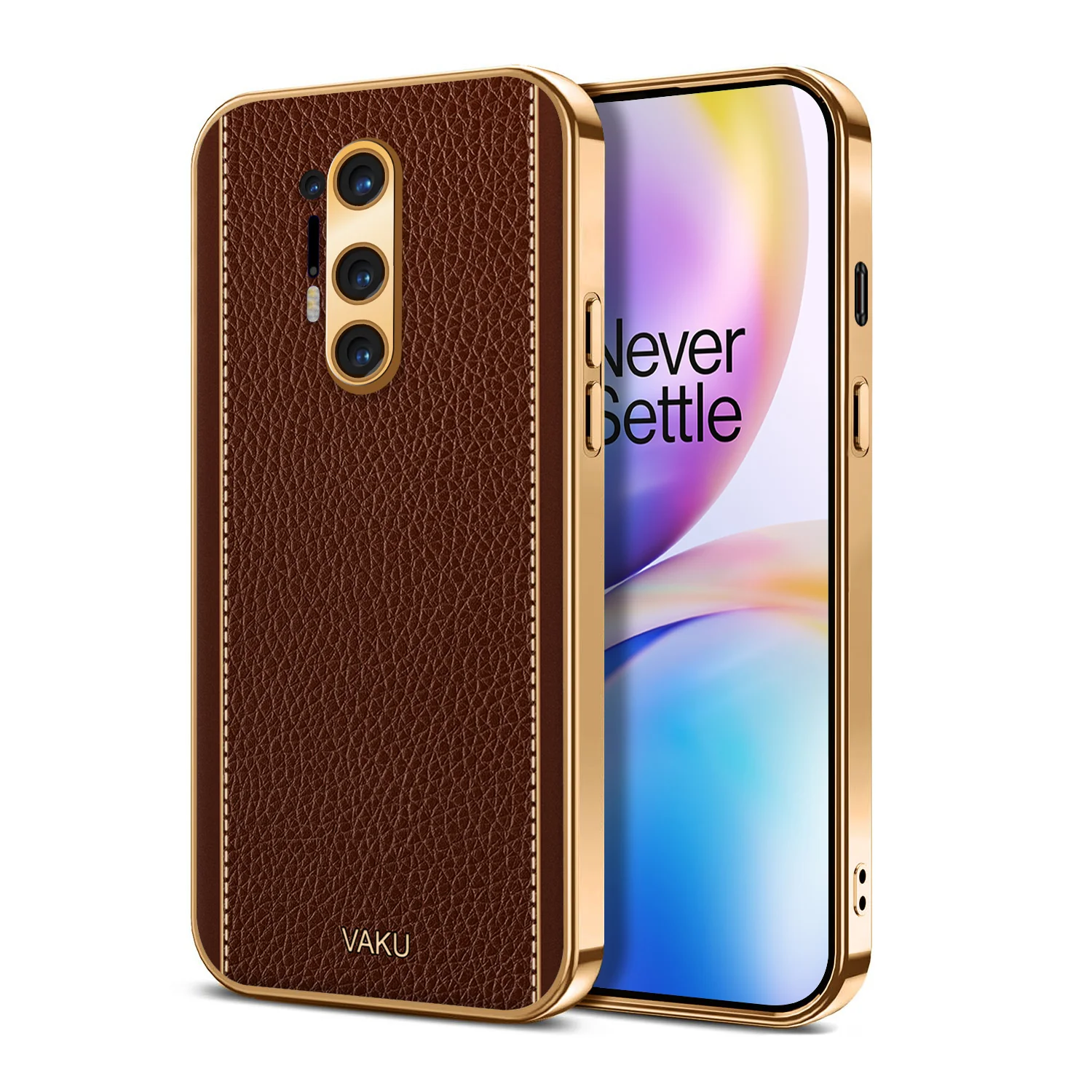 Vaku® OnePlus 8 Pro Luxemberg Series Leather Stitched Gold Electroplated Soft TPU Back Cover - Image 5