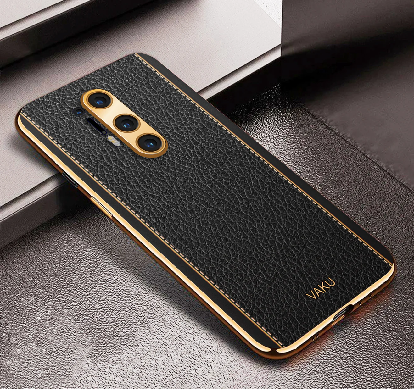 Vaku® OnePlus 8 Pro Luxemberg Series Leather Stitched Gold Electroplated Soft TPU Back Cover - Image 6