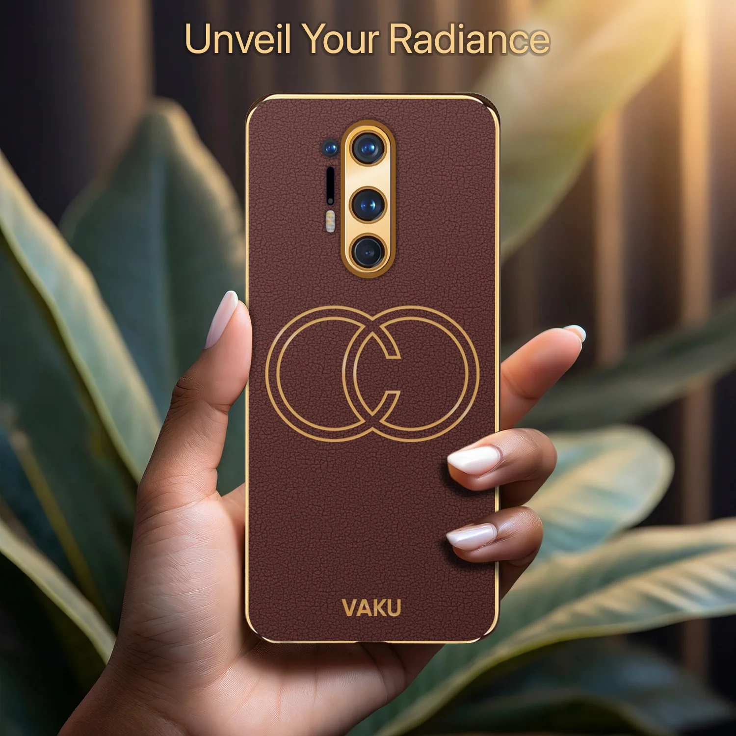 Vaku ® OnePlus 8 Pro Skylar Series Leather Stitched Gold Electroplated Soft TPU Back Cover - Image 11