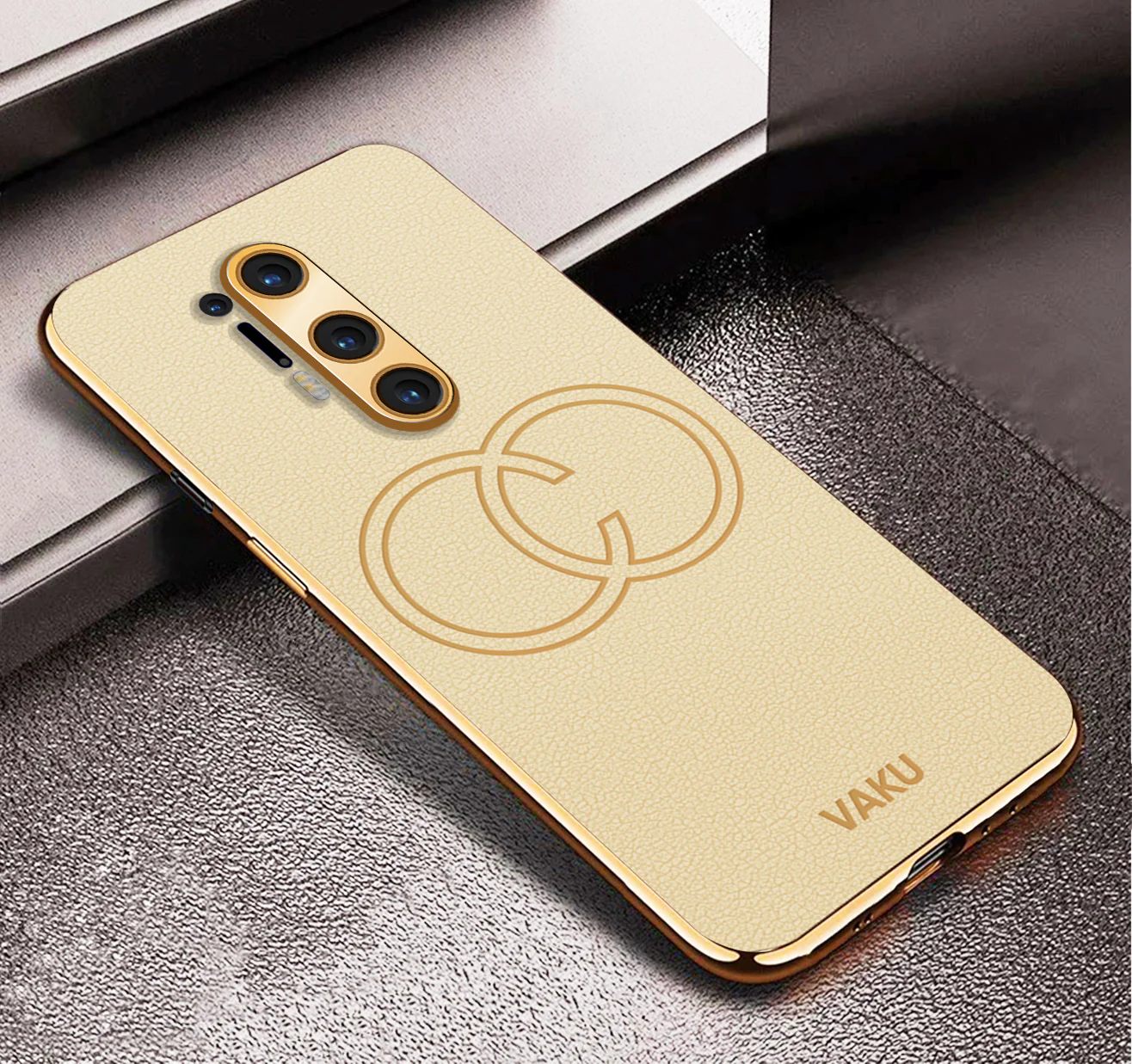 Vaku ® OnePlus 8 Pro Skylar Series Leather Stitched Gold Electroplated Soft TPU Back Cover - Image 12