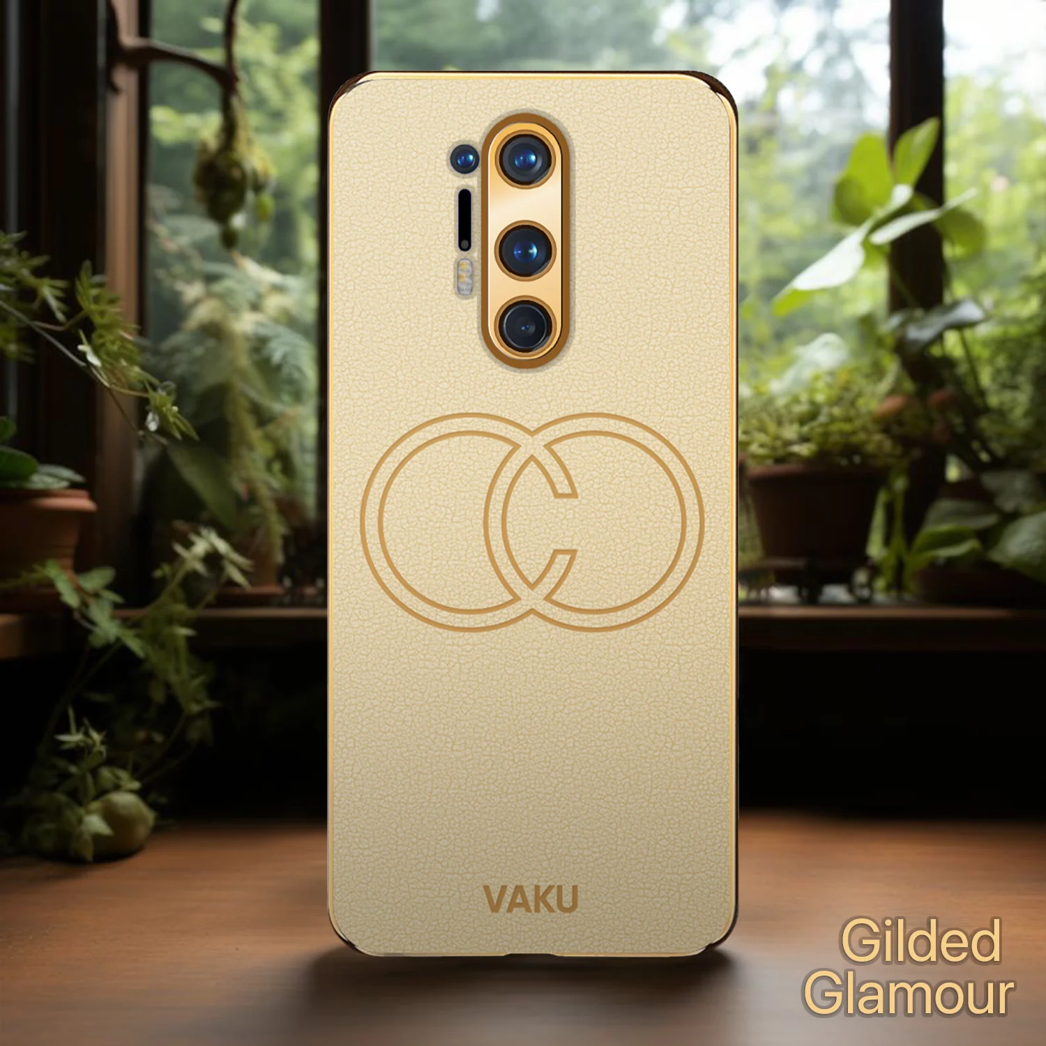 Vaku ® OnePlus 8 Pro Skylar Series Leather Stitched Gold Electroplated Soft TPU Back Cover - Image 14