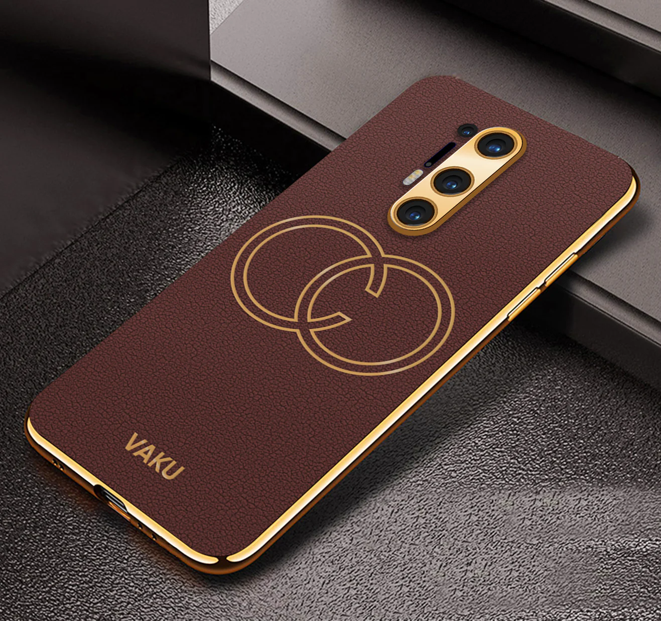 Vaku ® OnePlus 8 Pro Skylar Series Leather Stitched Gold Electroplated Soft TPU Back Cover - Image 3