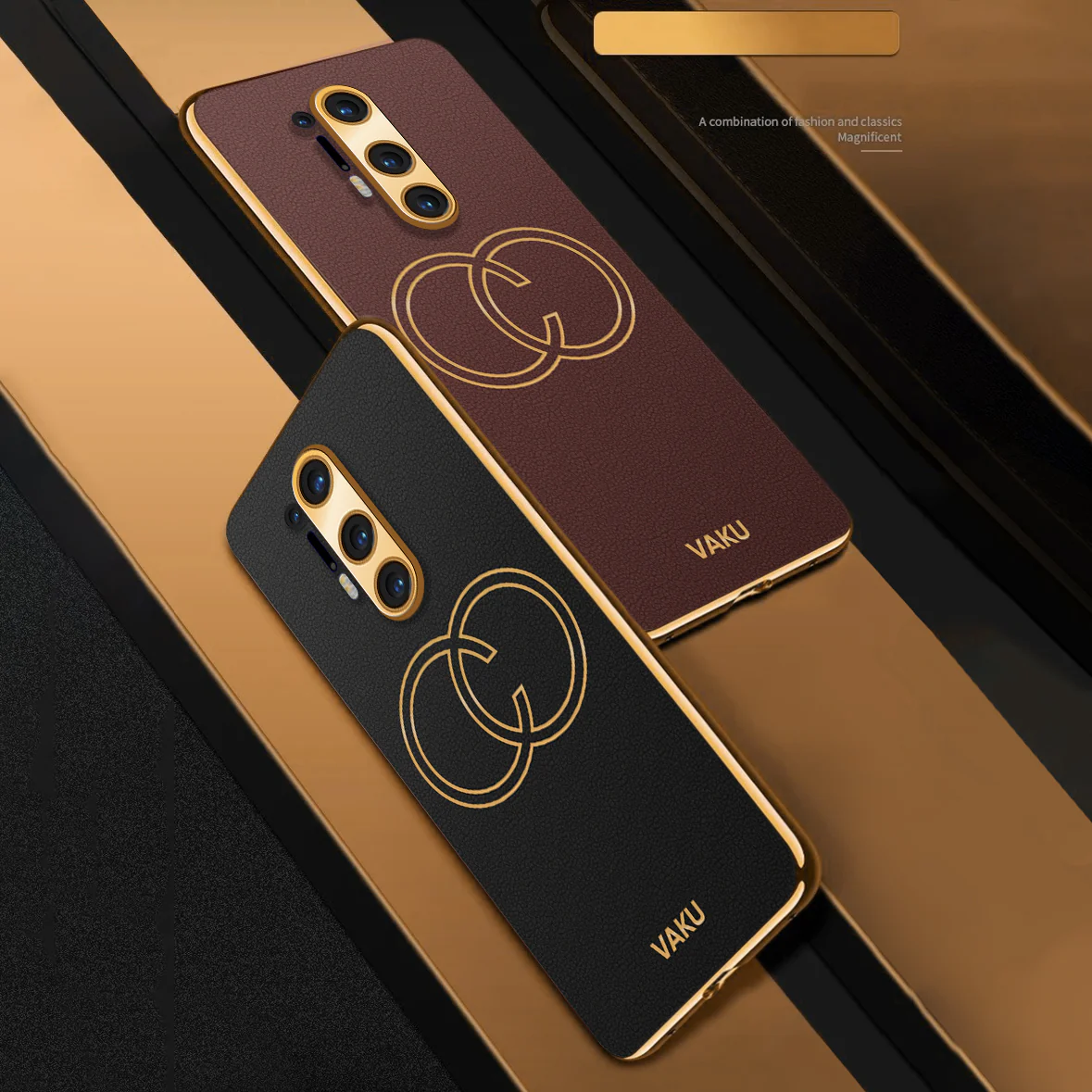 Vaku ® OnePlus 8 Pro Skylar Series Leather Stitched Gold Electroplated Soft TPU Back Cover - Image 5