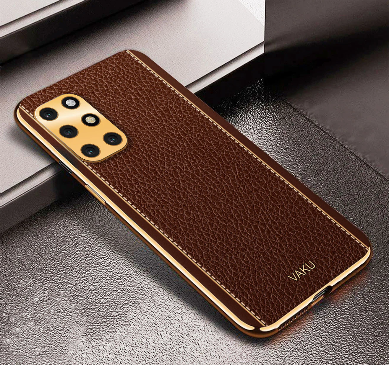 Vaku® OnePlus 8T Luxemberg Leather Stitched Gold Electroplated Soft TPU Back Cover - Image 11