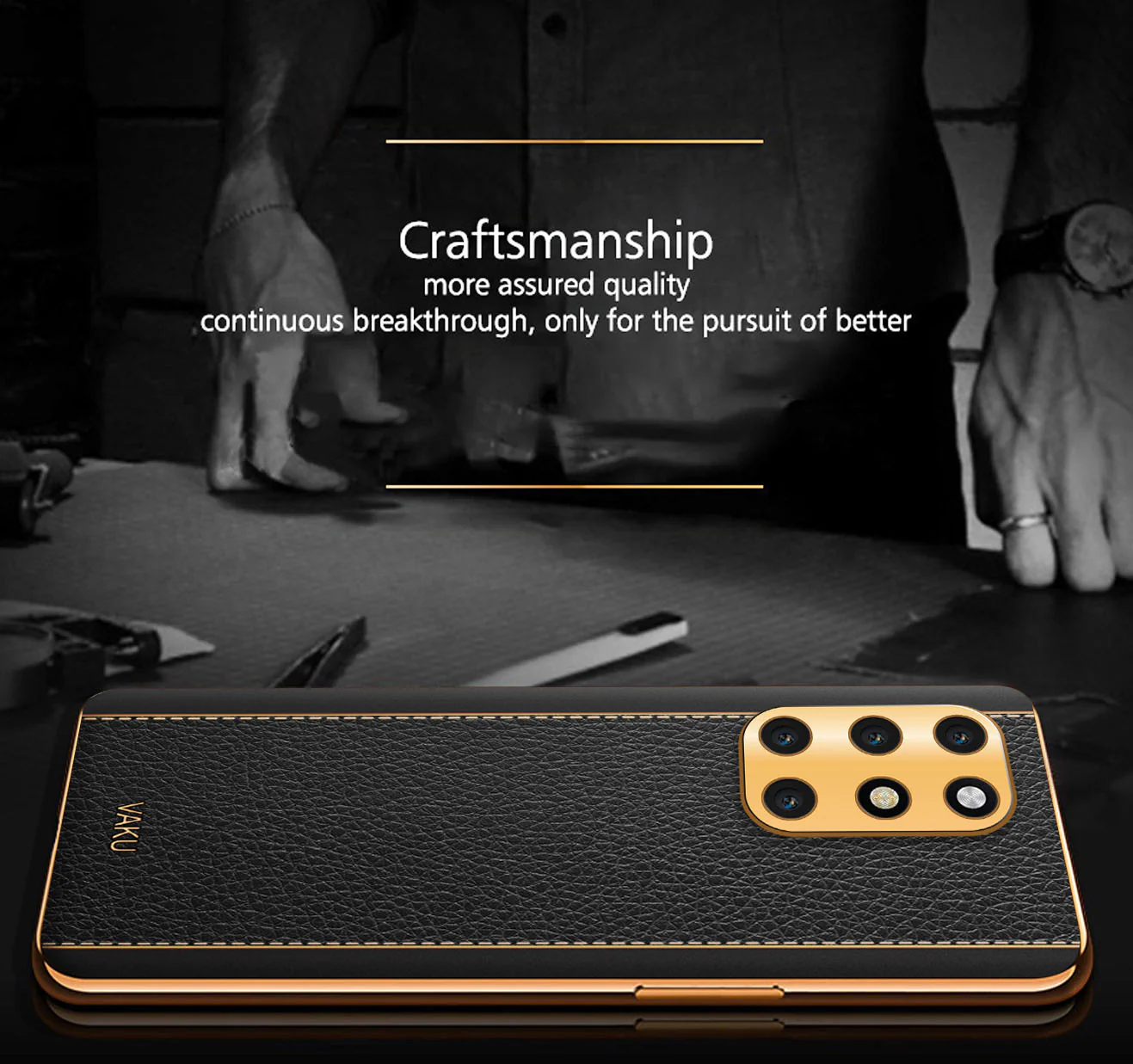 Vaku® OnePlus 8T Luxemberg Leather Stitched Gold Electroplated Soft TPU Back Cover - Image 3
