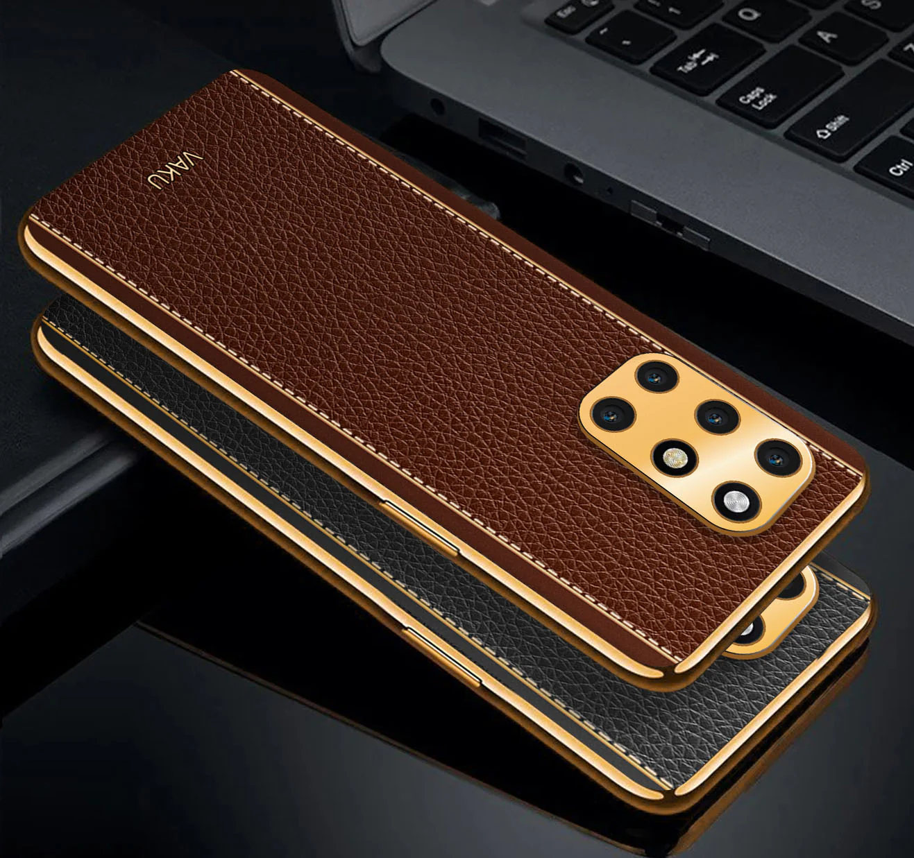 Vaku® OnePlus 8T Luxemberg Leather Stitched Gold Electroplated Soft TPU Back Cover - Image 7