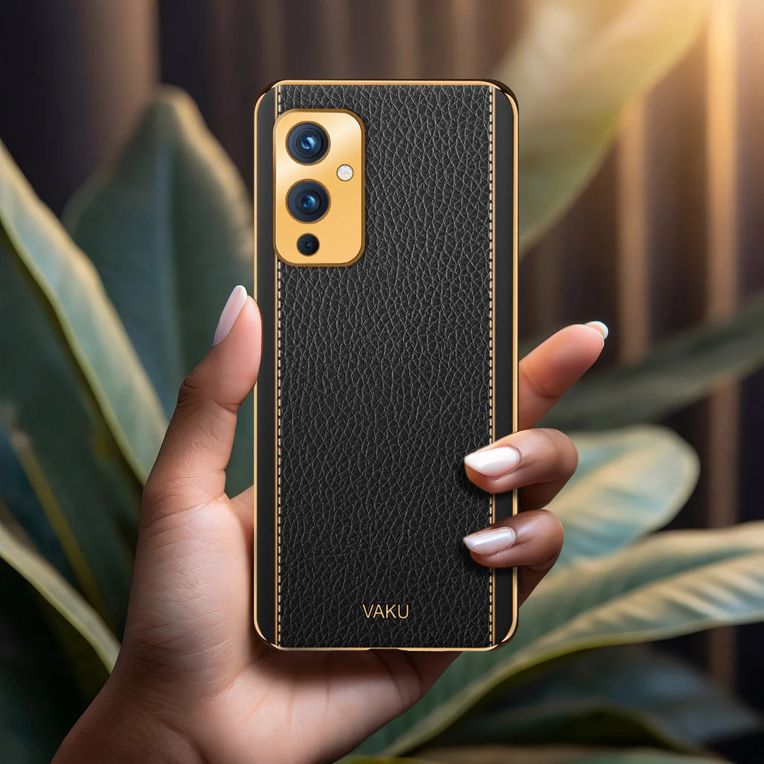 Vaku® OnePlus 9 Luxemberg Series Leather Stitched Gold Electroplated Soft TPU Back Cover - Image 11