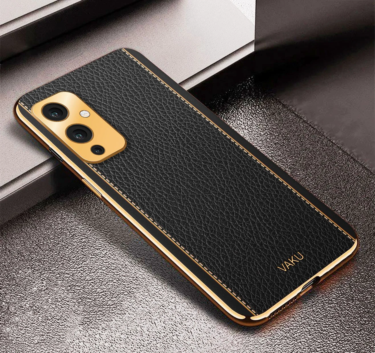 Vaku® OnePlus 9 Luxemberg Series Leather Stitched Gold Electroplated Soft TPU Back Cover - Image 14