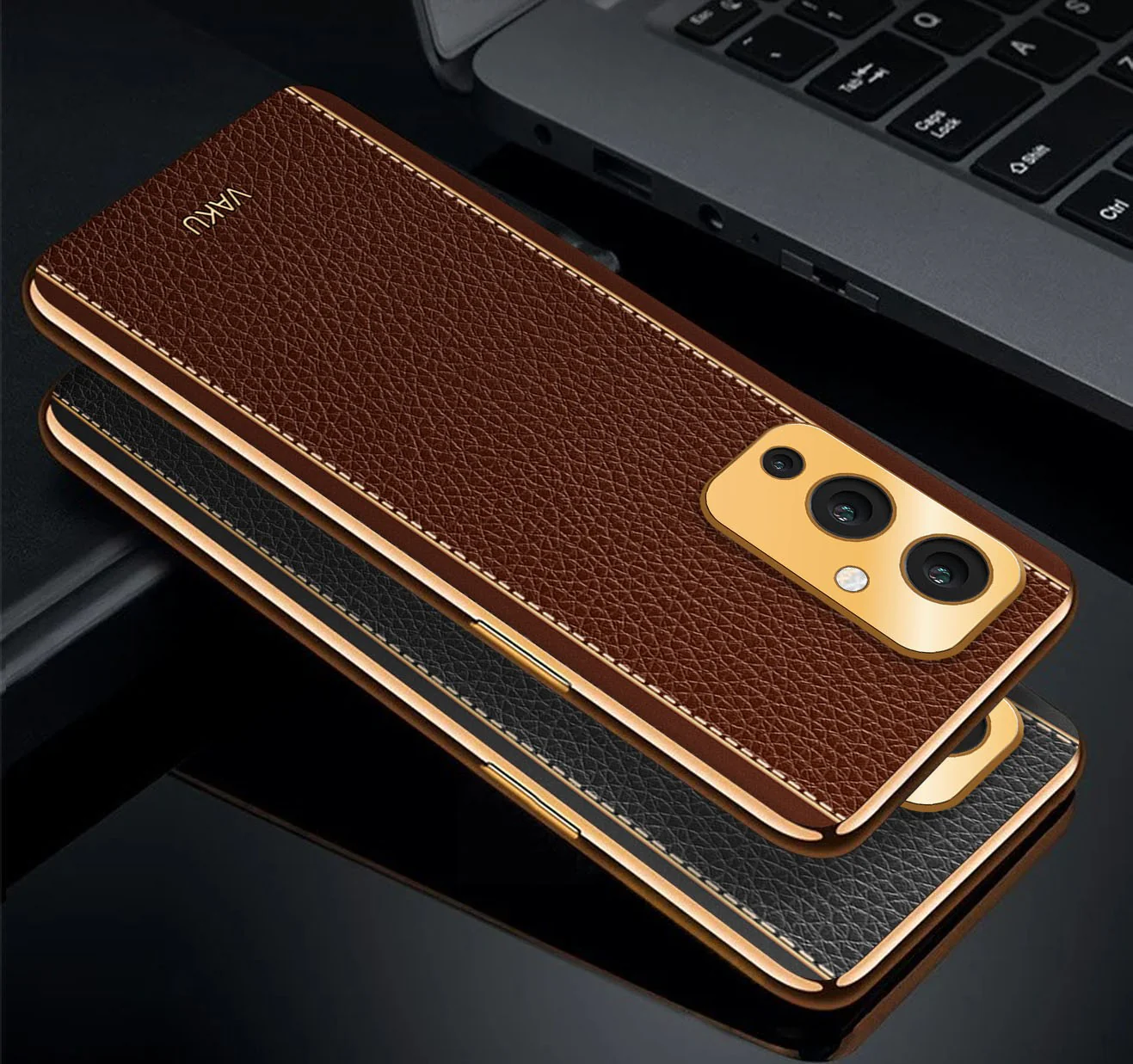 Vaku® OnePlus 9 Luxemberg Series Leather Stitched Gold Electroplated Soft TPU Back Cover - Image 2