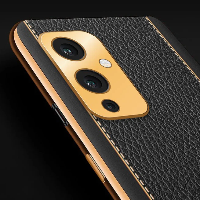 Vaku® OnePlus 9 Luxemberg Series Leather Stitched Gold Electroplated Soft TPU Back Cover - Image 4