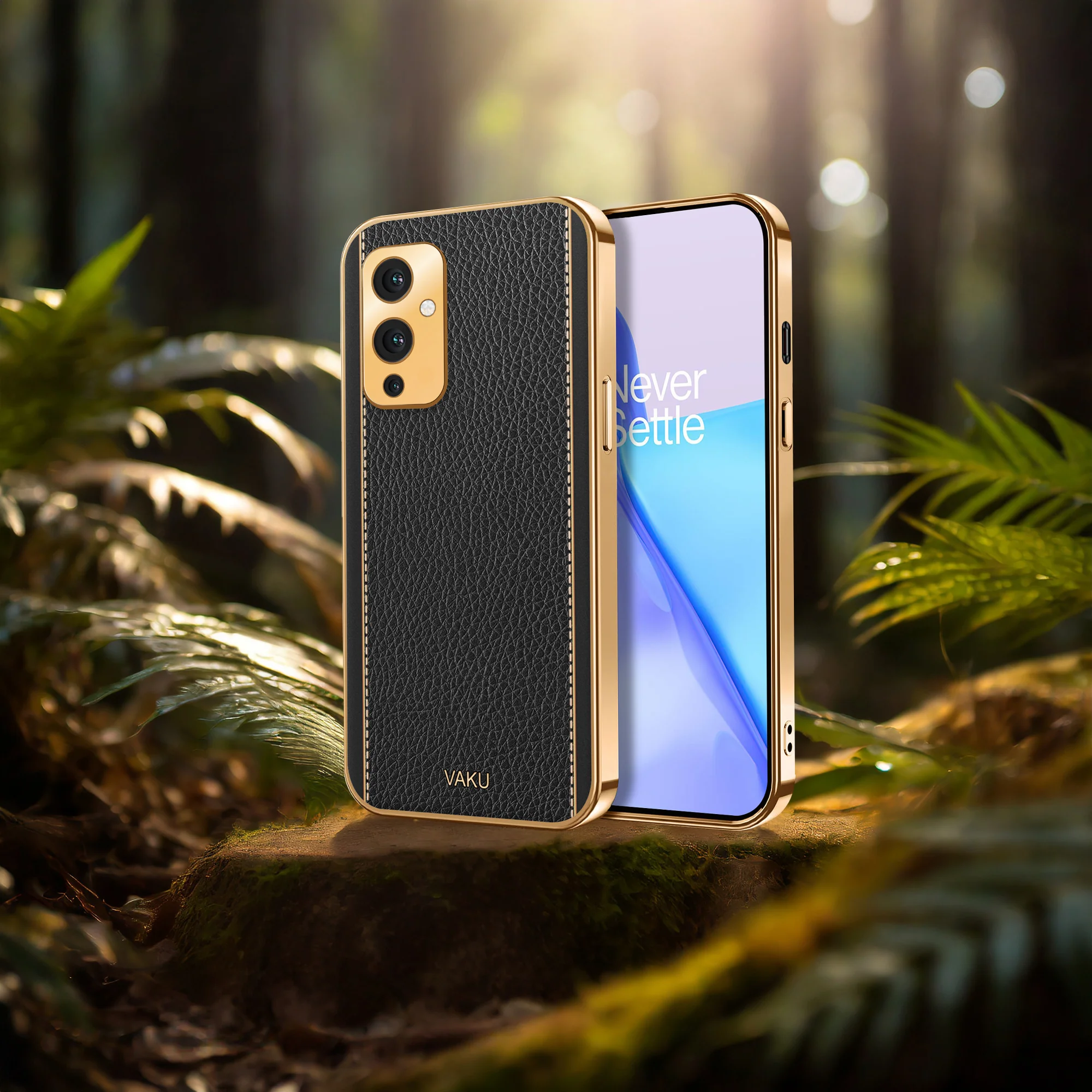 Vaku® OnePlus 9 Luxemberg Series Leather Stitched Gold Electroplated Soft TPU Back Cover - Image 9