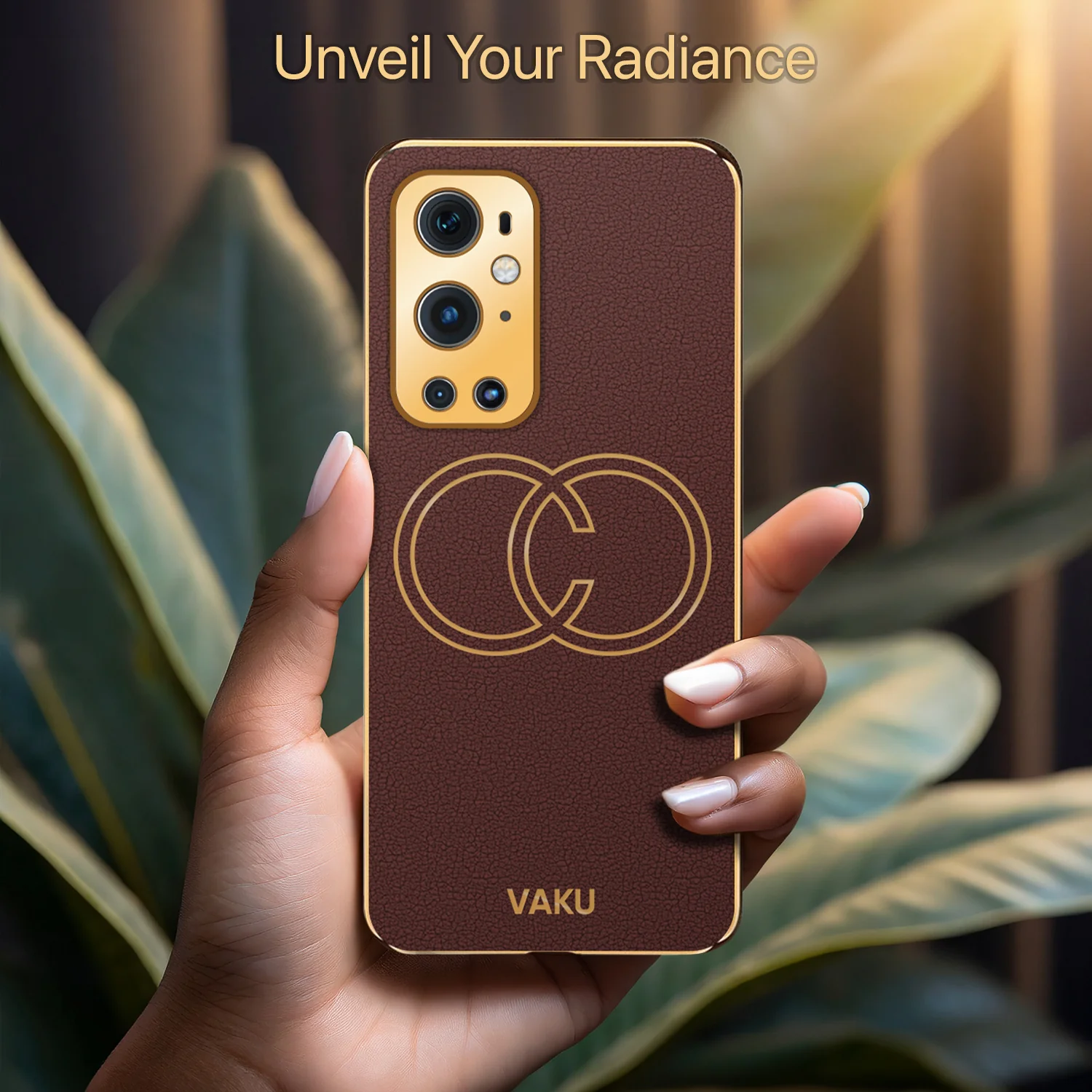 Vaku® OnePlus 9 Pro Skylar Series Leather Stitched Gold Electroplated Soft TPU Back Cover - Image 13