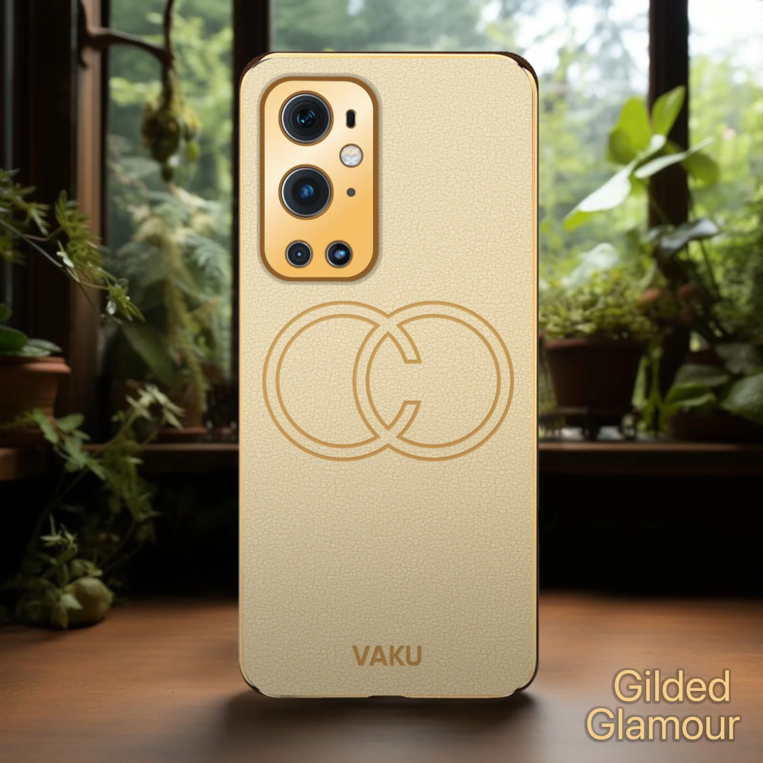 Vaku® OnePlus 9 Pro Skylar Series Leather Stitched Gold Electroplated Soft TPU Back Cover - Image 18