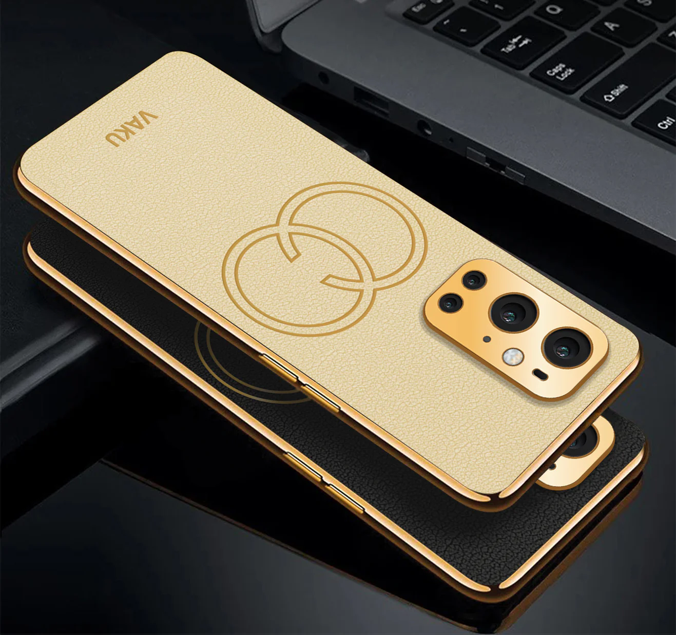 Vaku® OnePlus 9 Pro Skylar Series Leather Stitched Gold Electroplated Soft TPU Back Cover - Image 3