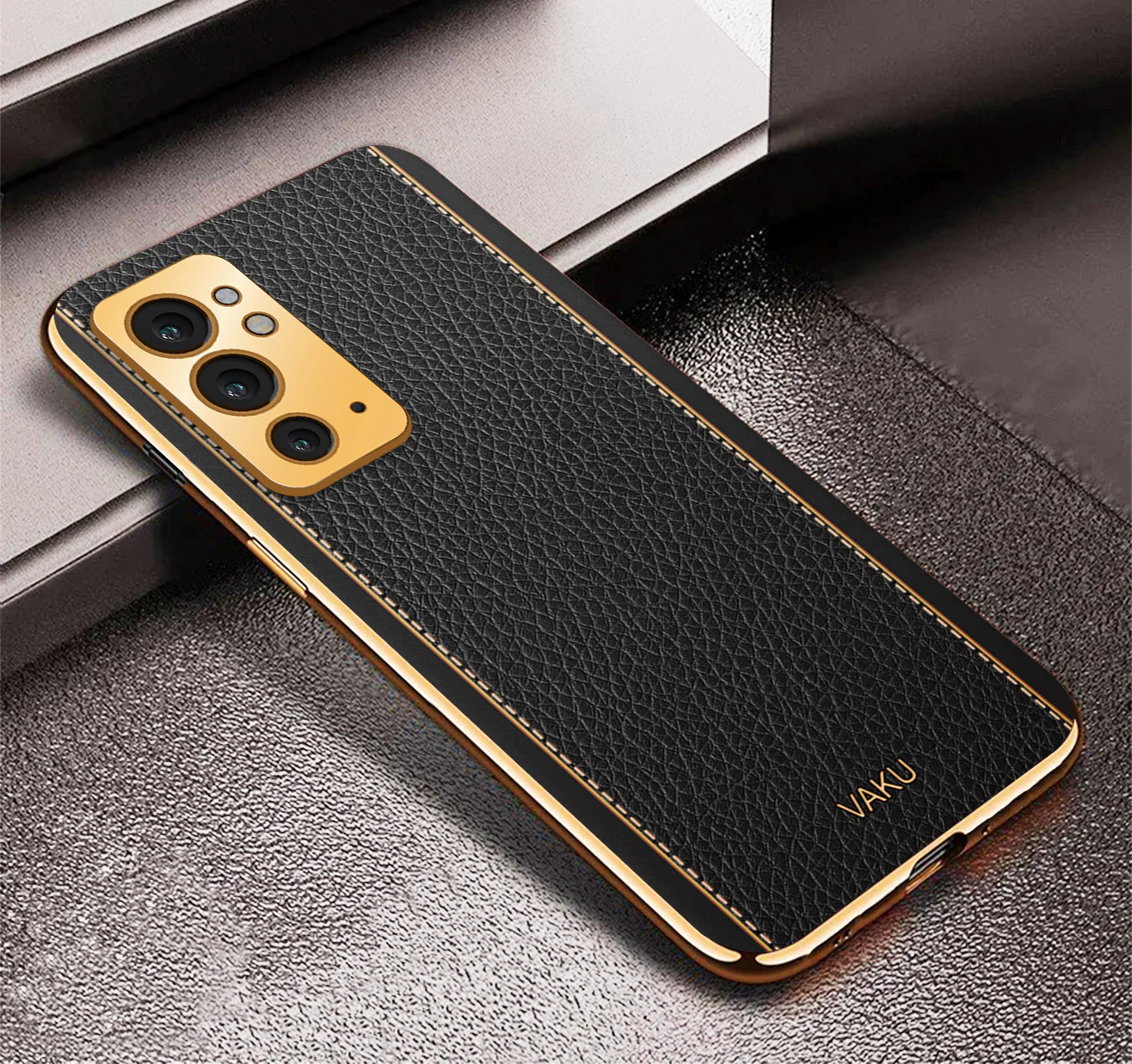 Vaku® OnePlus 9RT Luxemberg Series Leather Stitched Gold Electroplated Soft TPU Back Cover - Image 2