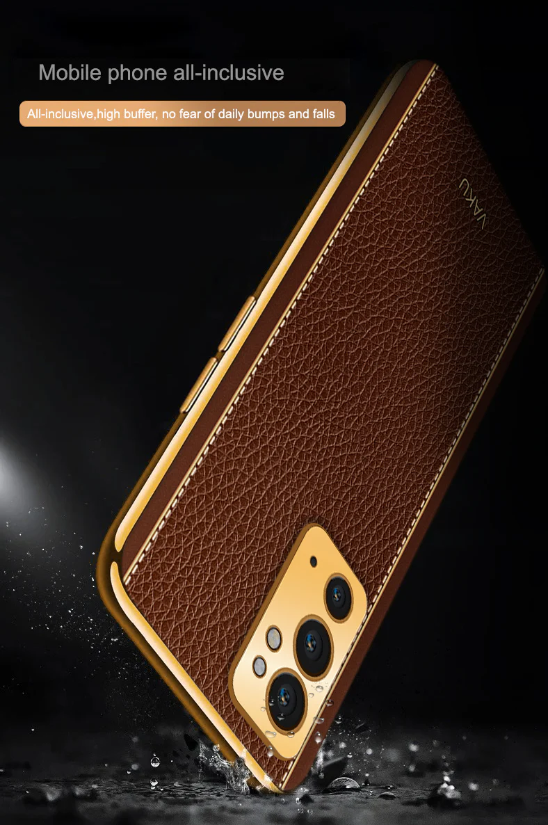 Vaku® OnePlus 9RT Luxemberg Series Leather Stitched Gold Electroplated Soft TPU Back Cover - Image 3