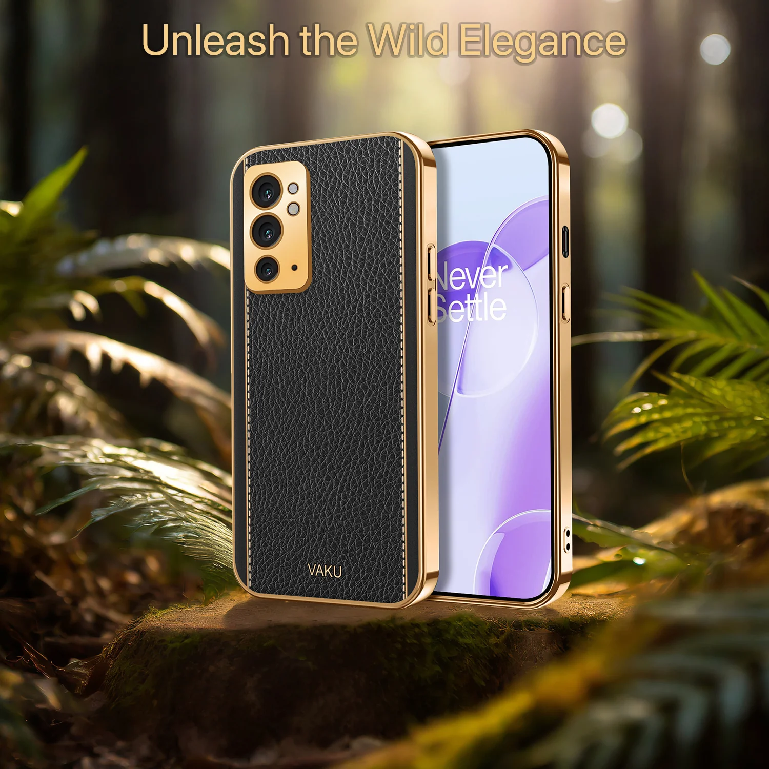 Vaku® OnePlus 9RT Luxemberg Series Leather Stitched Gold Electroplated Soft TPU Back Cover - Image 6