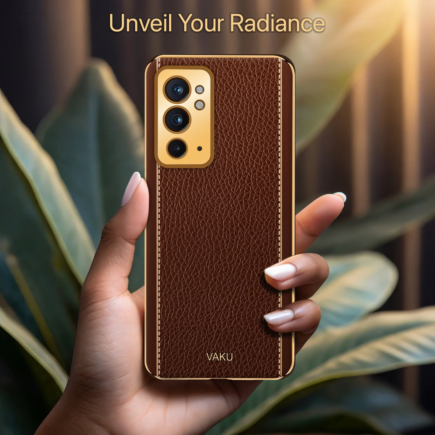 Vaku® OnePlus 9RT Luxemberg Series Leather Stitched Gold Electroplated Soft TPU Back Cover - Image 7