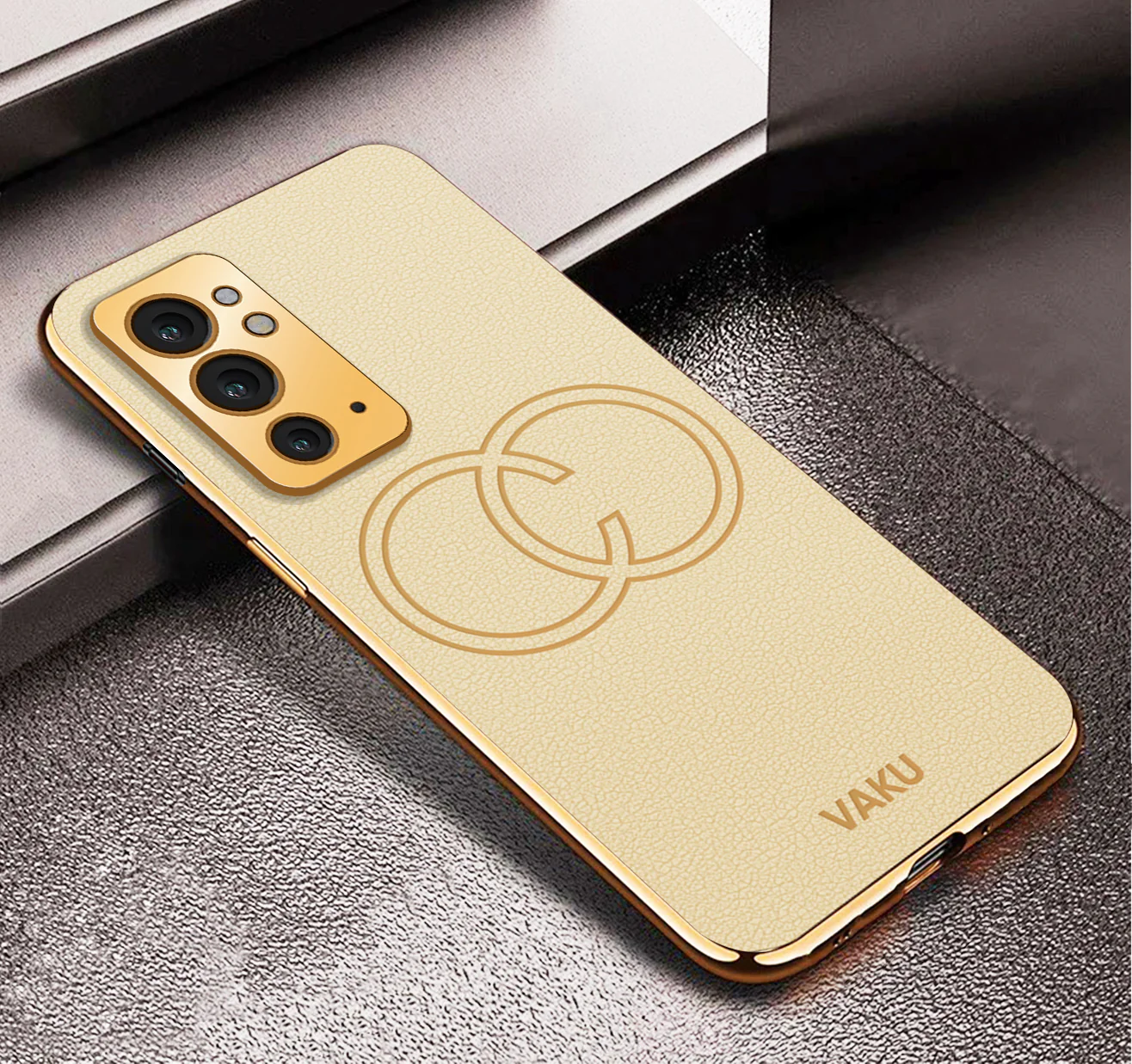 Vaku ® OnePlus 9RT Skylar Series Leather Stitched Gold Electroplated Soft TPU Back Cover - Image 14