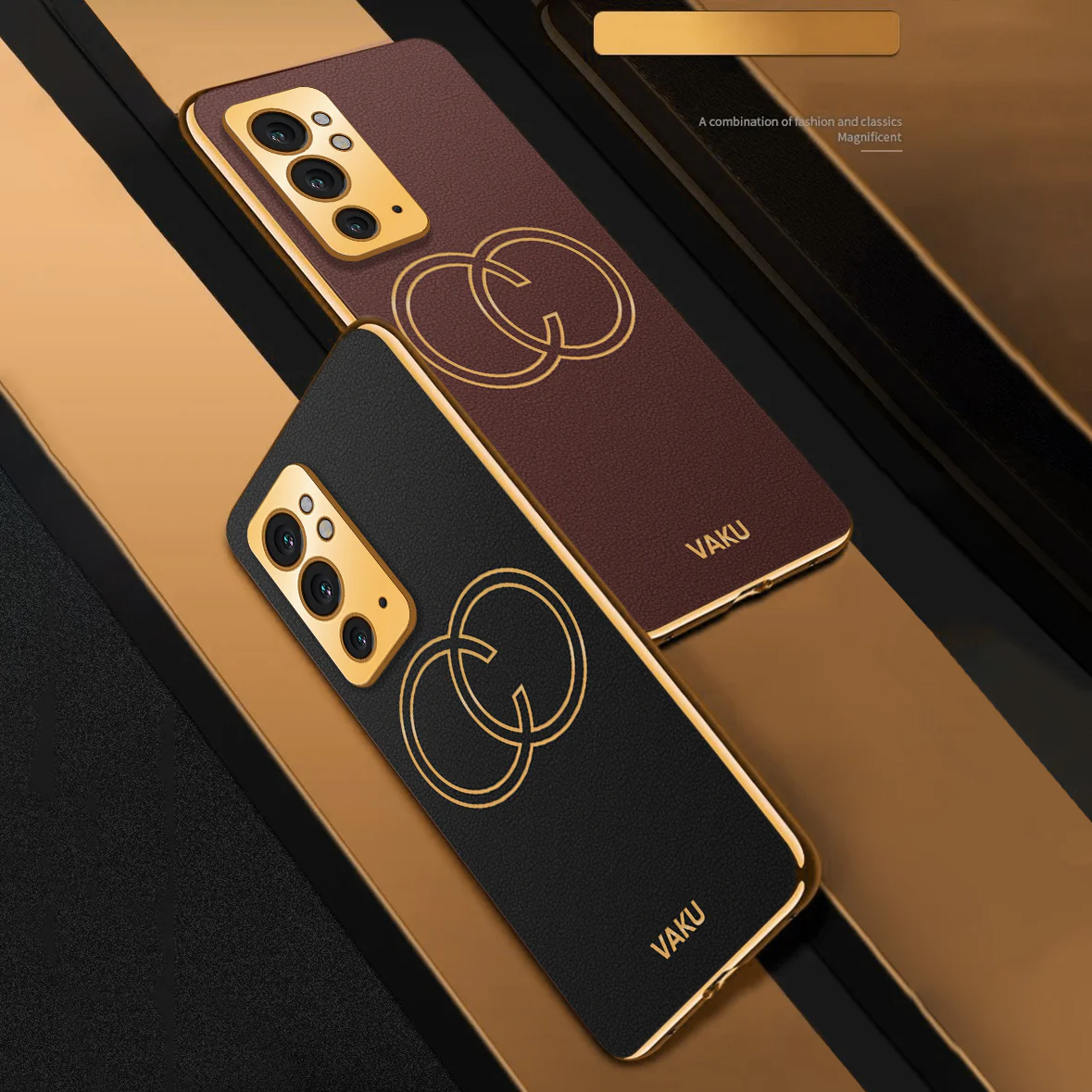 Vaku ® OnePlus 9RT Skylar Series Leather Stitched Gold Electroplated Soft TPU Back Cover - Image 15