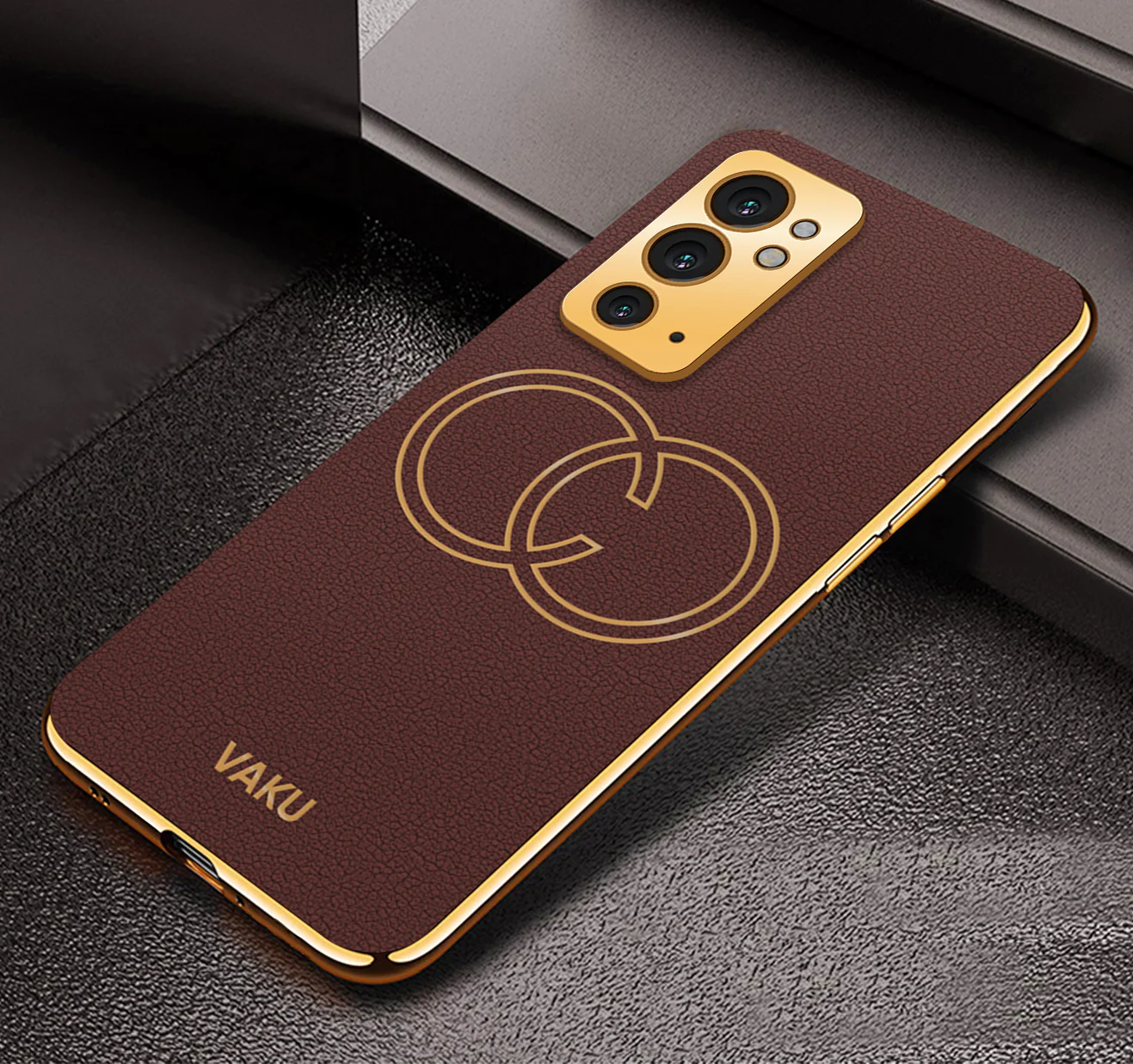 Vaku ® OnePlus 9RT Skylar Series Leather Stitched Gold Electroplated Soft TPU Back Cover - Image 4