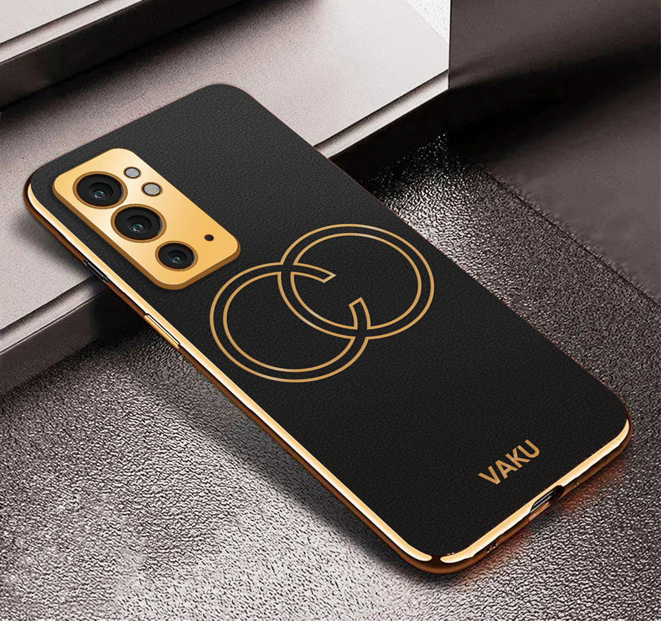 Vaku ® OnePlus 9RT Skylar Series Leather Stitched Gold Electroplated Soft TPU Back Cover - Image 7