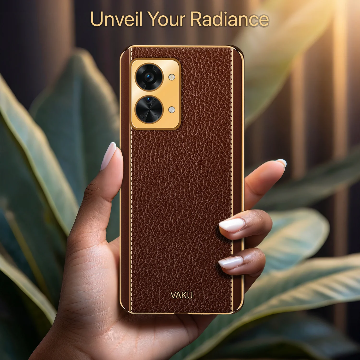 Vaku® OnePlus Nord 2T 5G Luxemberg Series Leather Stitched Gold Electroplated Soft TPU Back Cover - Image 11