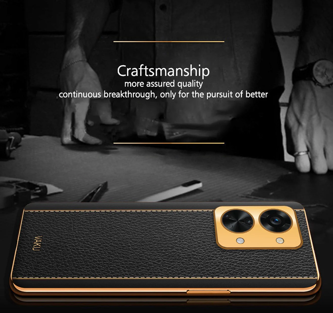 Vaku® OnePlus Nord 2T 5G Luxemberg Series Leather Stitched Gold Electroplated Soft TPU Back Cover - Image 12