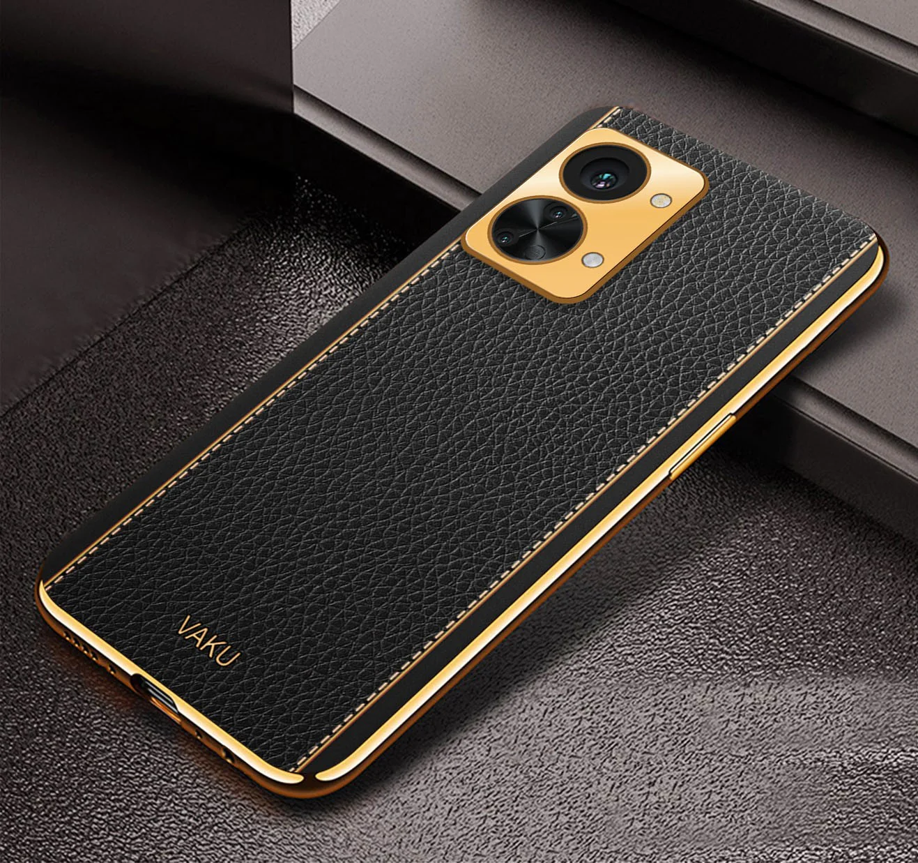 Vaku® OnePlus Nord 2T 5G Luxemberg Series Leather Stitched Gold Electroplated Soft TPU Back Cover - Image 2