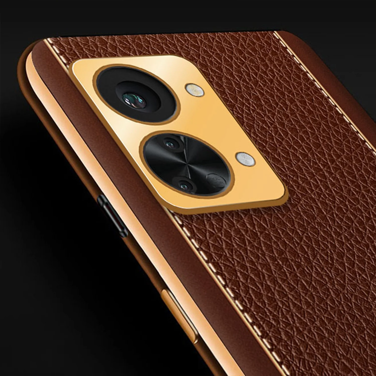 Vaku® OnePlus Nord 2T 5G Luxemberg Series Leather Stitched Gold Electroplated Soft TPU Back Cover - Image 3