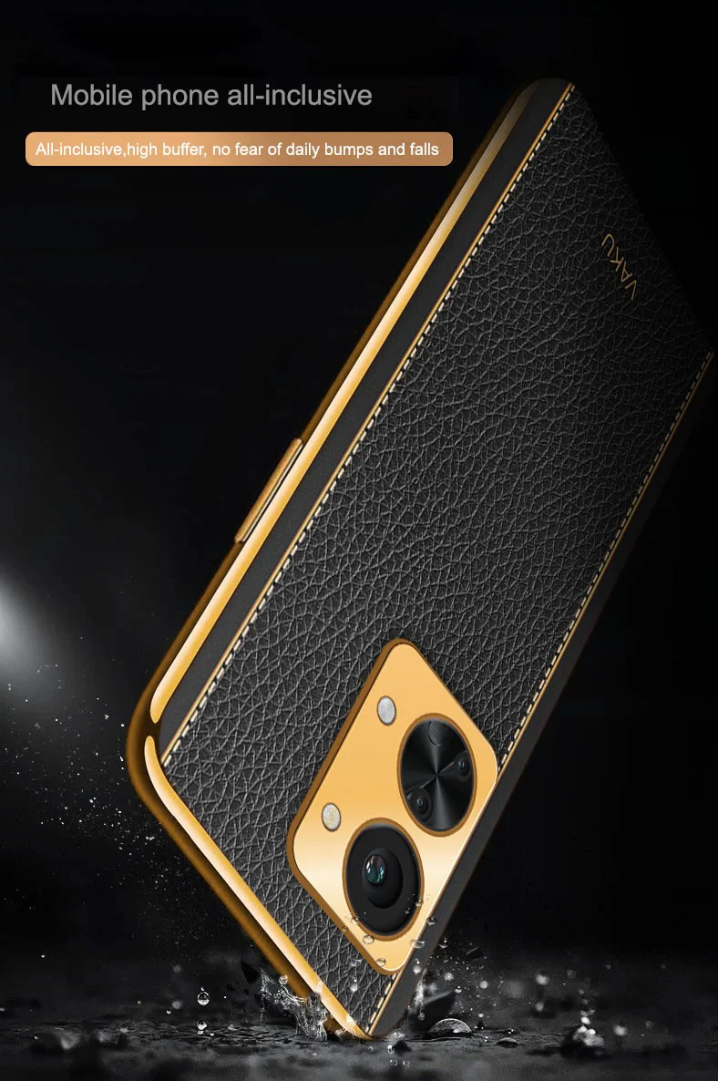 Vaku® OnePlus Nord 2T 5G Luxemberg Series Leather Stitched Gold Electroplated Soft TPU Back Cover - Image 4