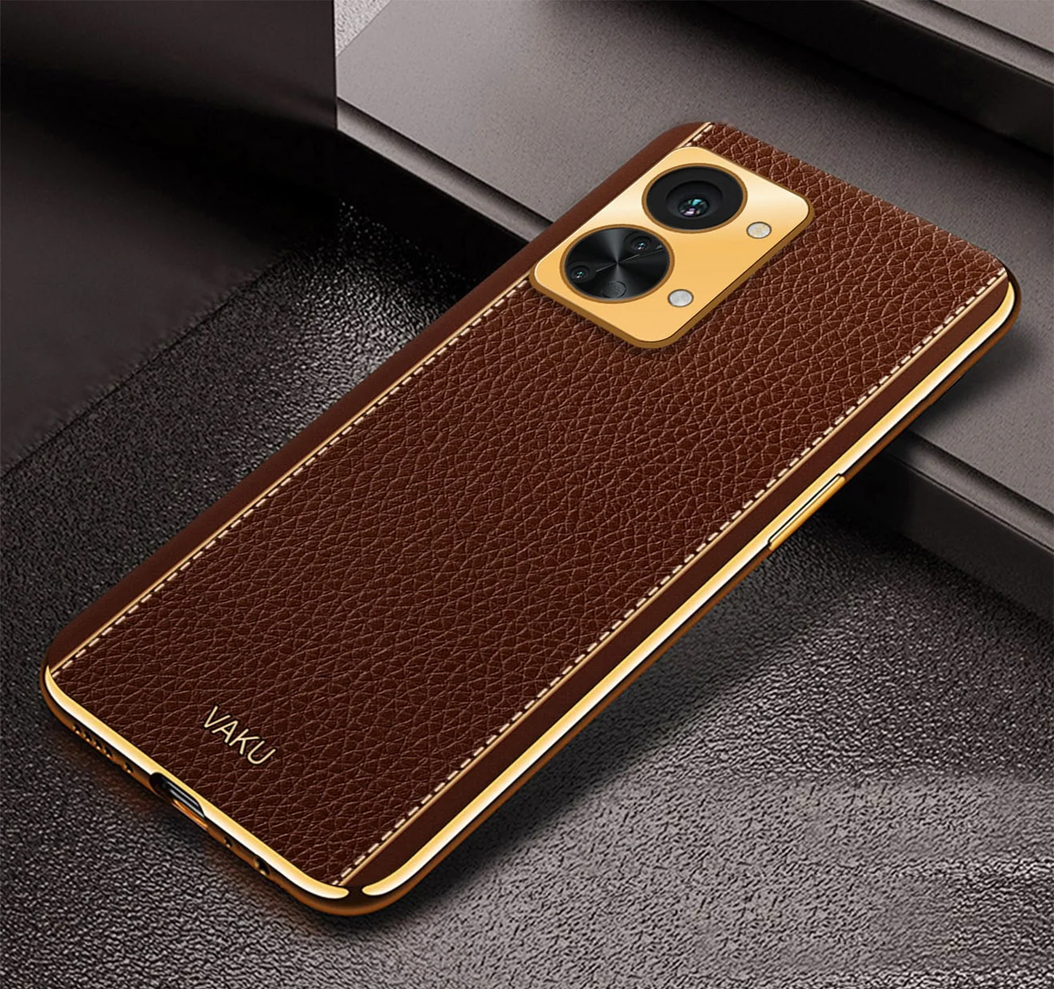 Vaku® OnePlus Nord 2T 5G Luxemberg Series Leather Stitched Gold Electroplated Soft TPU Back Cover - Image 5
