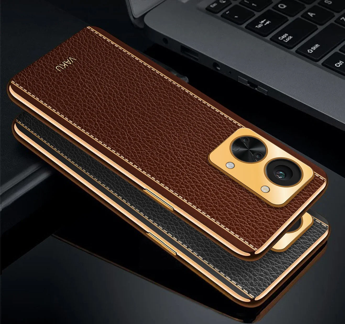 Vaku® OnePlus Nord 2T 5G Luxemberg Series Leather Stitched Gold Electroplated Soft TPU Back Cover - Image 6