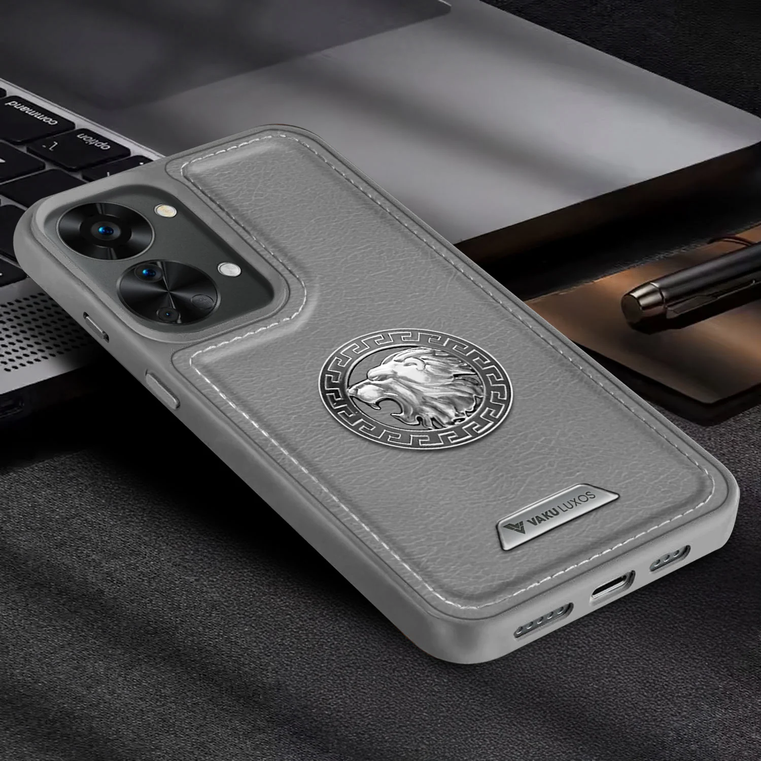 Vaku ® Oneplus Nord 2T Regal Shield Metal Lion Engraved Leather Back Cover - Image 11
