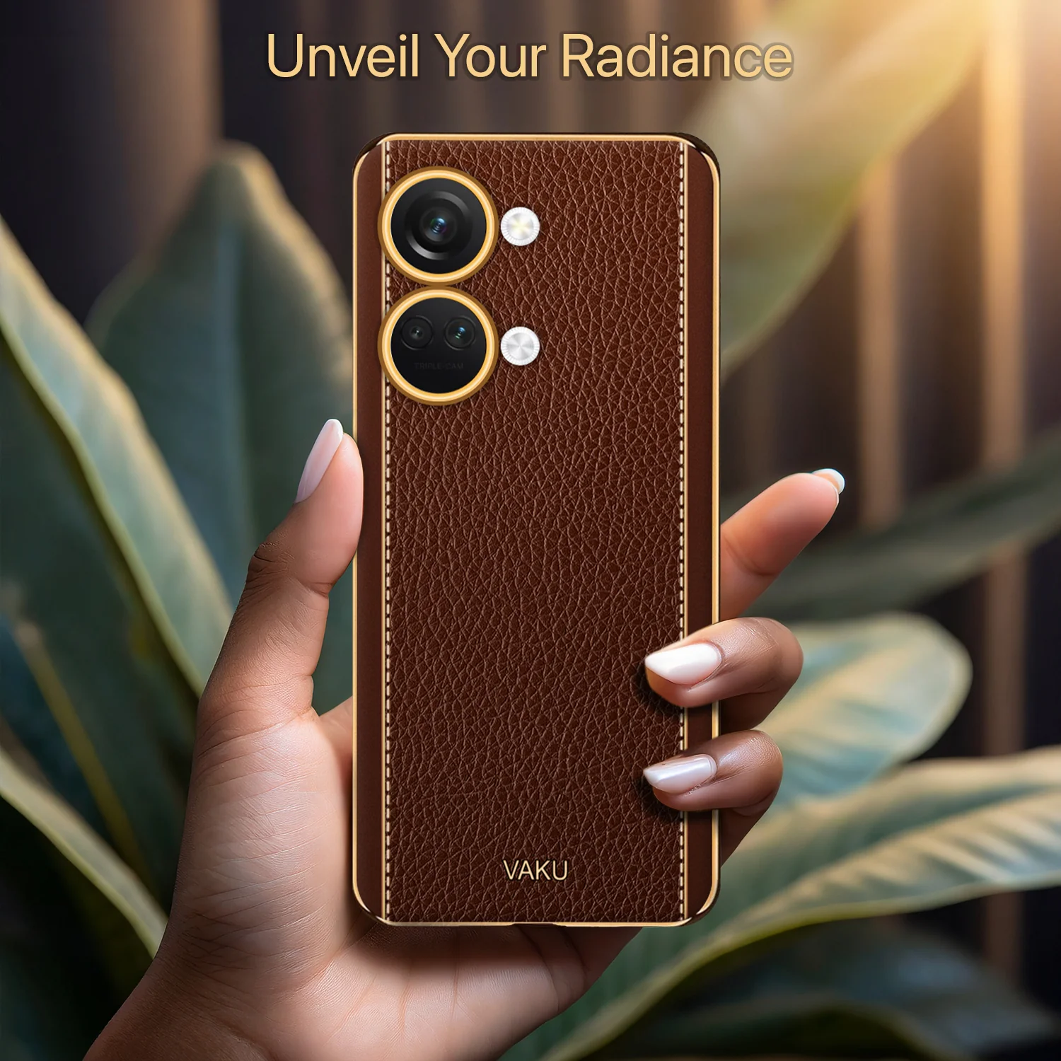 Vaku® OnePlus Nord 3 Luxemberg Series Leather Stitched Gold Electroplated Soft TPU Back Cover - Image 10