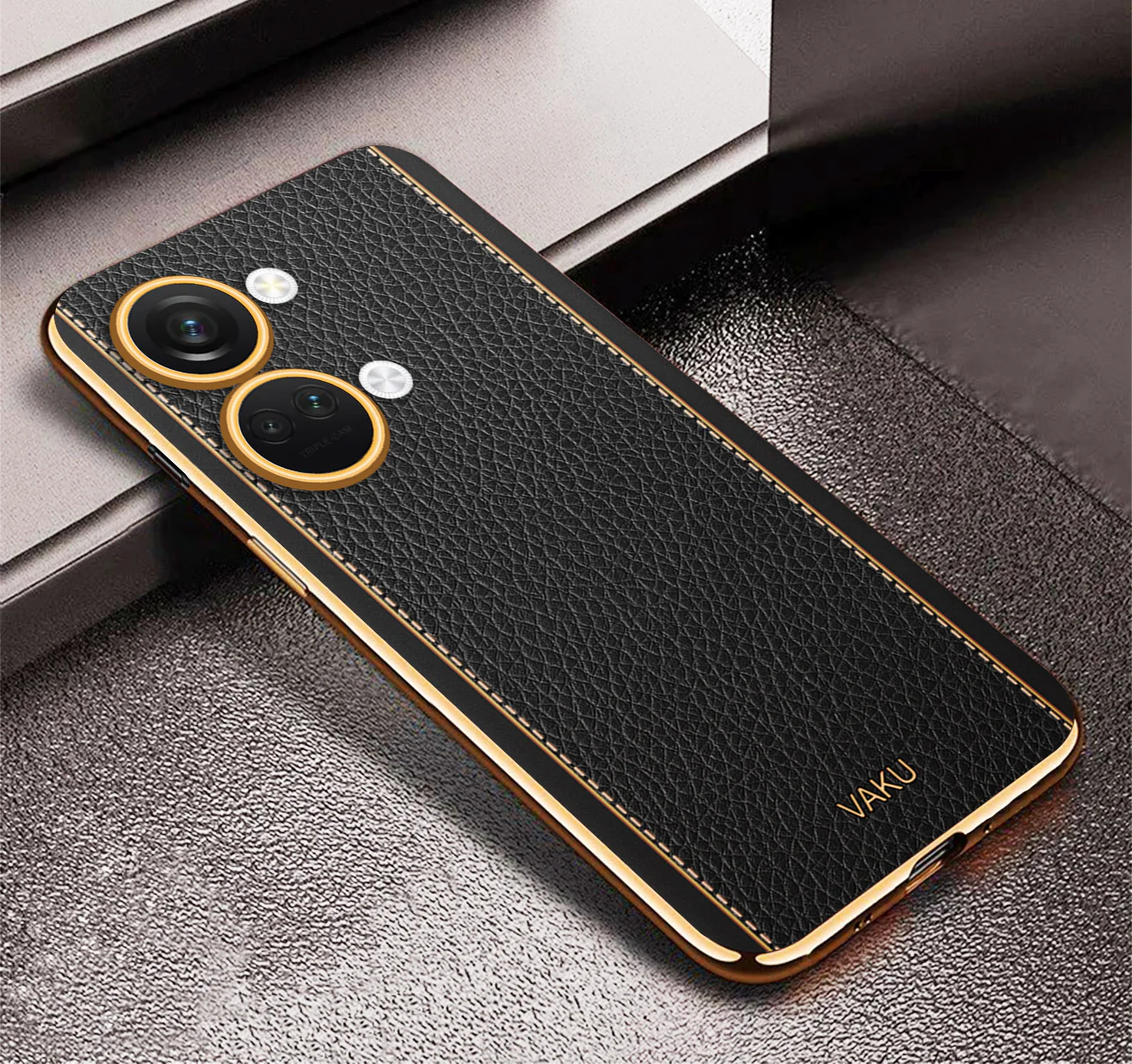 Vaku® OnePlus Nord 3 Luxemberg Series Leather Stitched Gold Electroplated Soft TPU Back Cover - Image 12