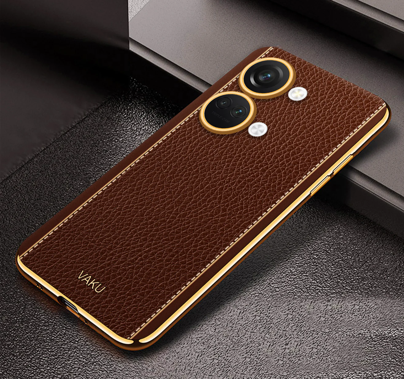 Vaku® OnePlus Nord 3 Luxemberg Series Leather Stitched Gold Electroplated Soft TPU Back Cover - Image 3