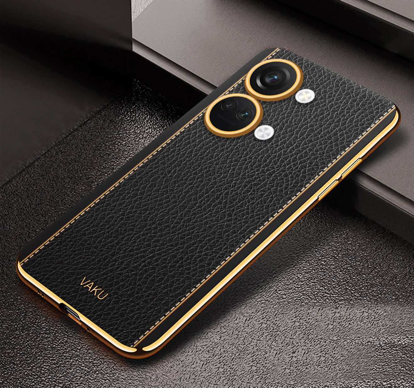 Vaku® OnePlus Nord 3 Luxemberg Series Leather Stitched Gold Electroplated Soft TPU Back Cover - Image 8