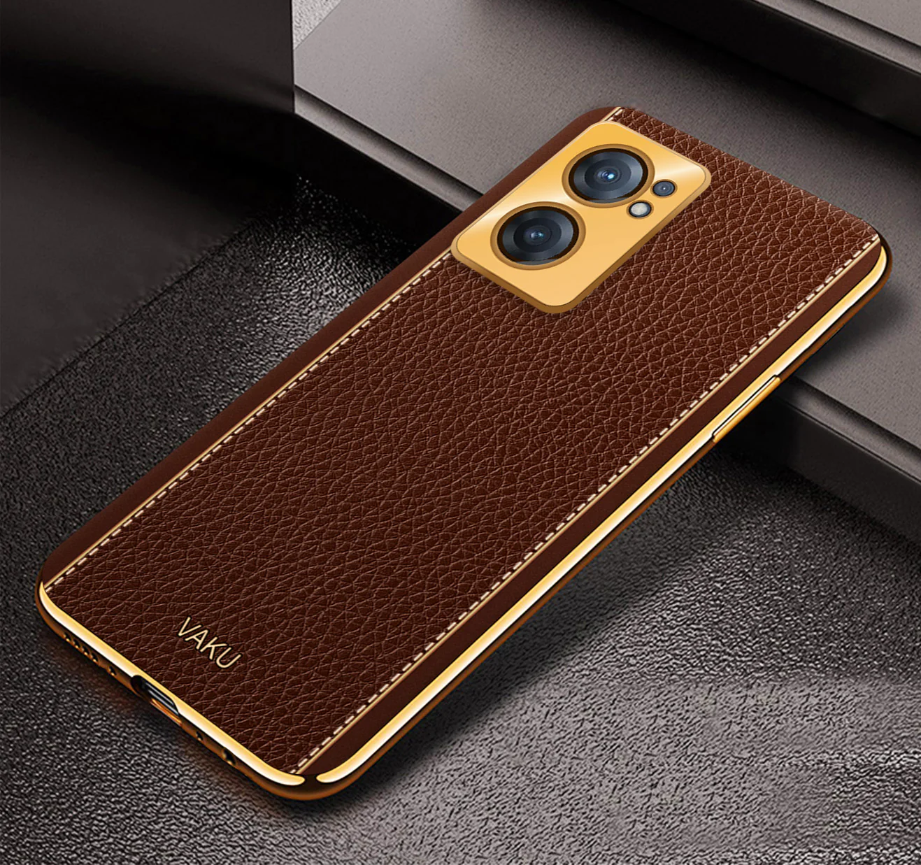 Vaku® Oneplus Nord CE 2 5G Luxemberg Series Leather Stitched Gold Electroplated Soft TPU Back Cover