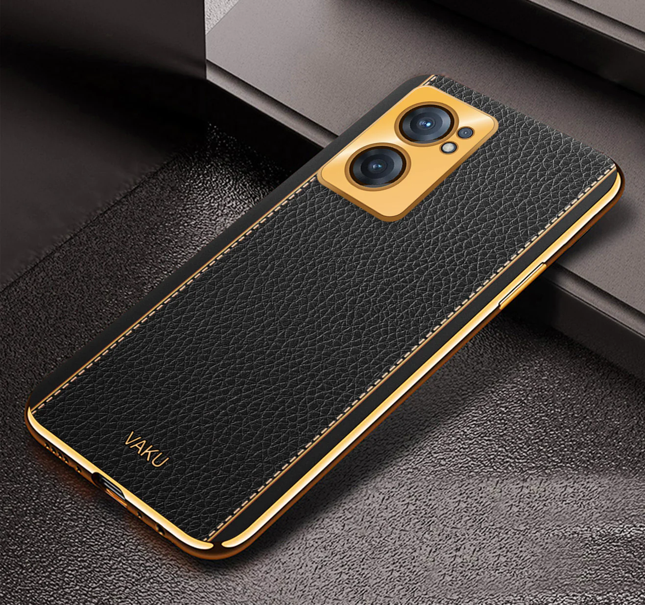 Vaku® Oneplus Nord CE 2 5G Luxemberg Series Leather Stitched Gold Electroplated Soft TPU Back Cover - Image 7