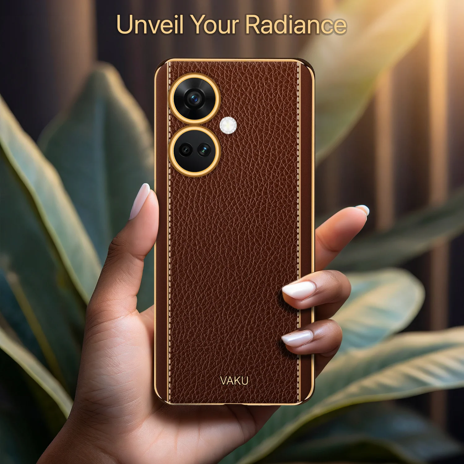 Vaku® OnePlus Nord CE 3 5G Luxemberg Series Leather Stitched Gold Electroplated Soft TPU Back Cover - Image 2