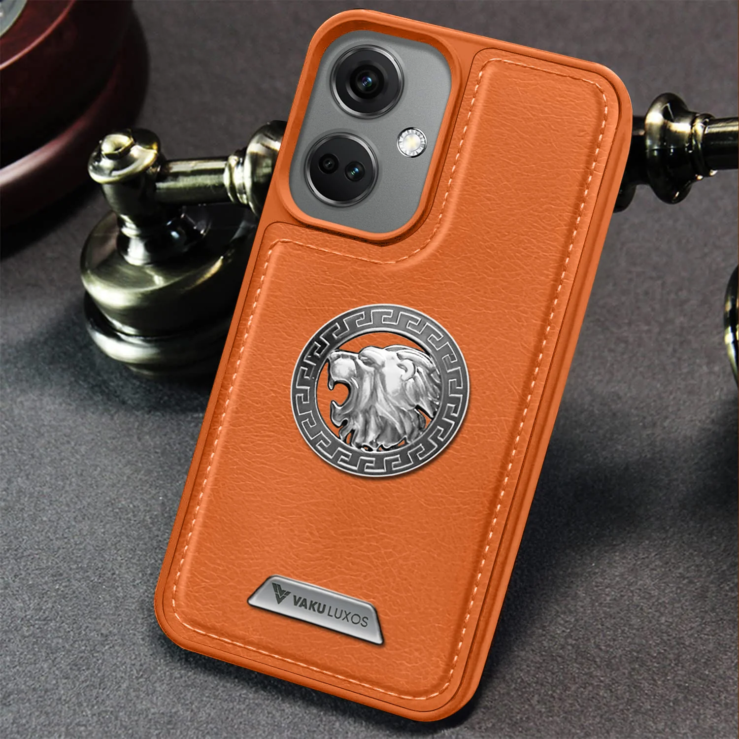 Vaku ® OnePlus Nord CE 3 5G Regal Shield Metal Lion Engraved Leather Back Cover - Image 14
