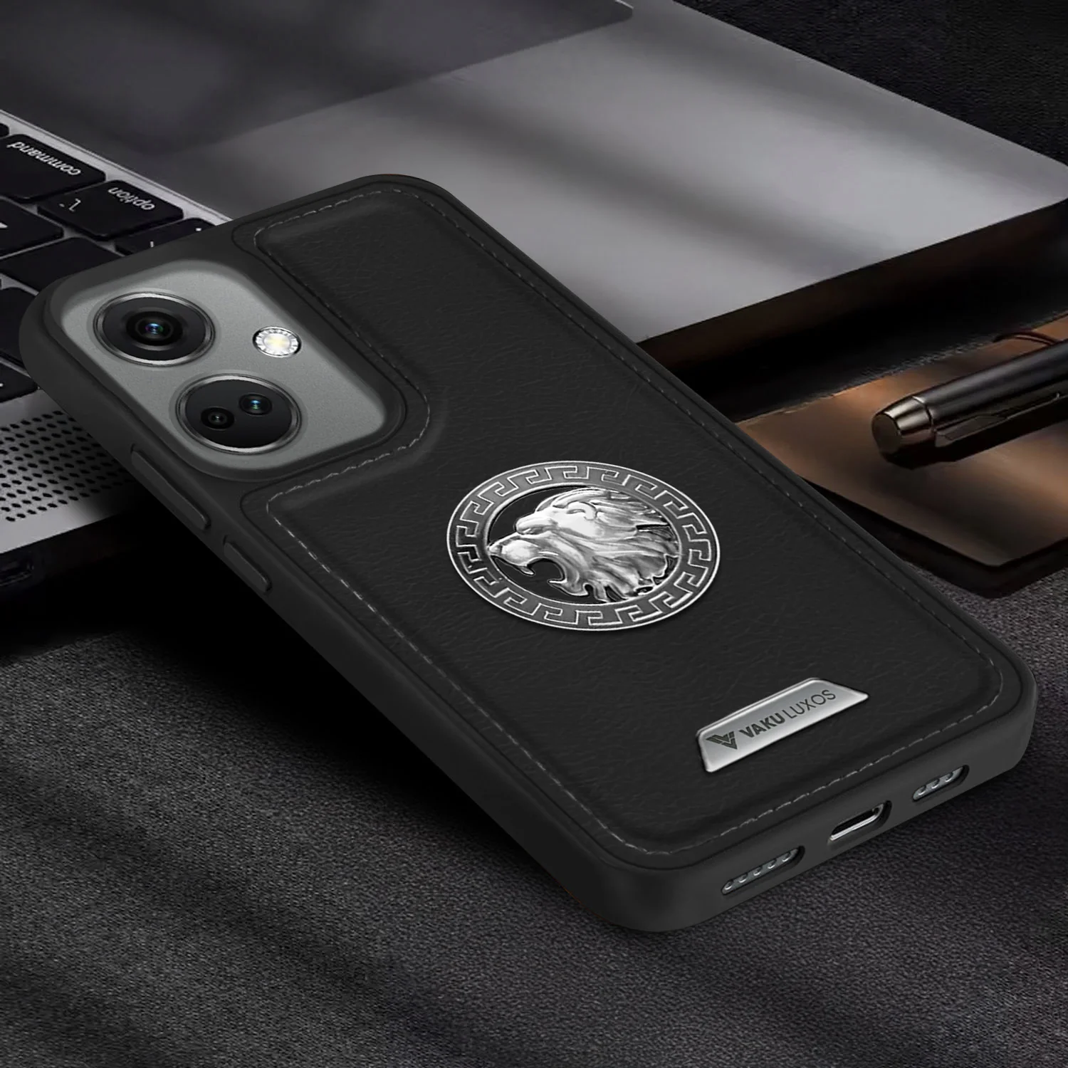 Vaku ® OnePlus Nord CE 3 5G Regal Shield Metal Lion Engraved Leather Back Cover - Image 9