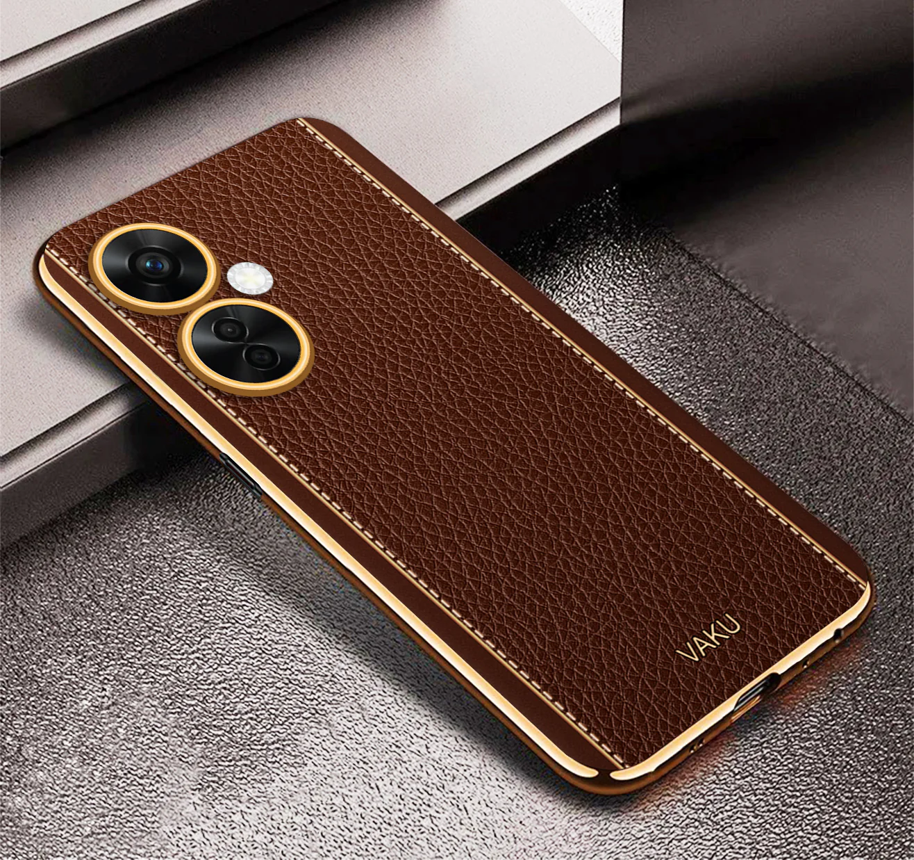 Vaku® OnePlus Nord CE 3 Lite 5G Luxemberg Series Leather Stitched Gold Electroplated Soft TPU Back Cover - Image 12