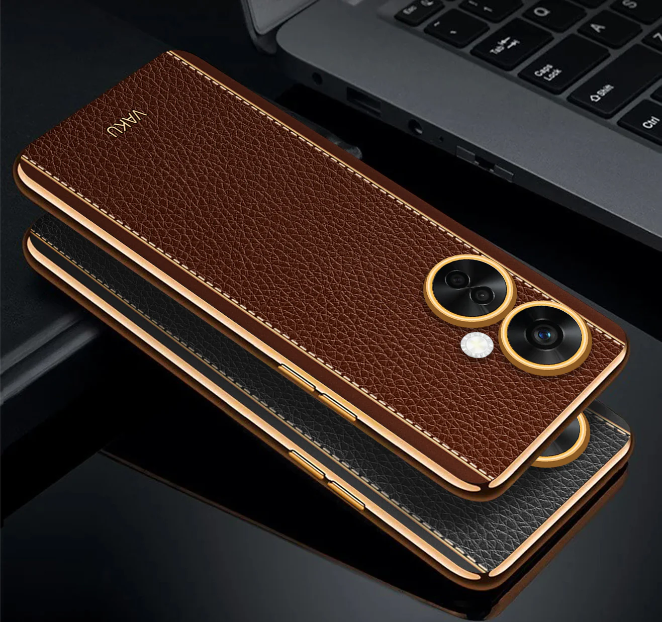 Vaku® OnePlus Nord CE 3 Lite 5G Luxemberg Series Leather Stitched Gold Electroplated Soft TPU Back Cover - Image 3