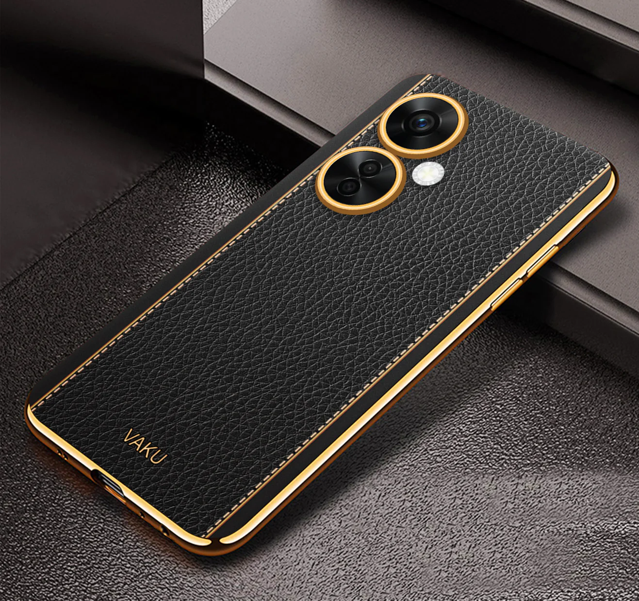 Vaku® OnePlus Nord CE 3 Lite 5G Luxemberg Series Leather Stitched Gold Electroplated Soft TPU Back Cover - Image 5