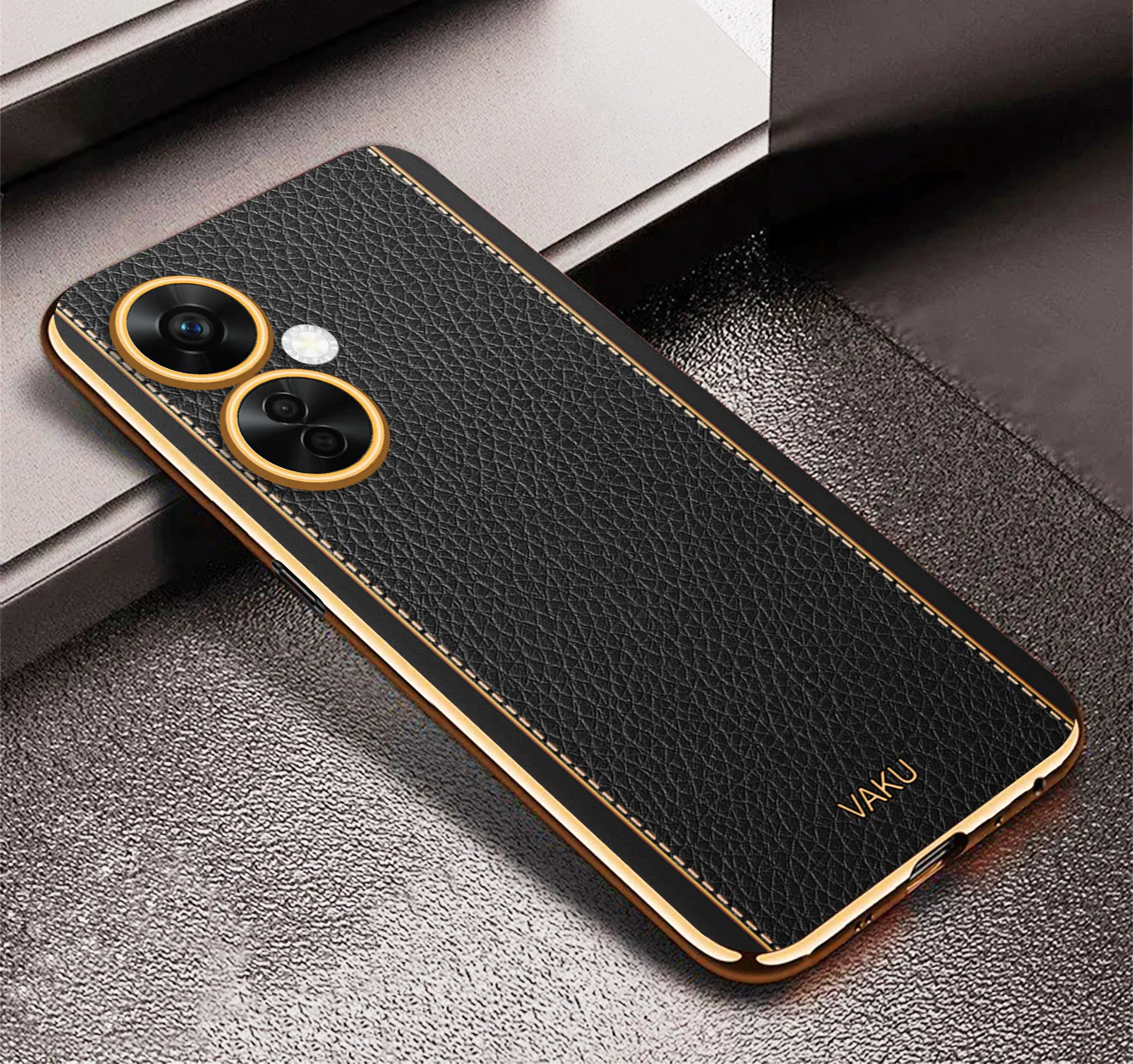 Vaku® OnePlus Nord CE 3 Lite 5G Luxemberg Series Leather Stitched Gold Electroplated Soft TPU Back Cover - Image 7